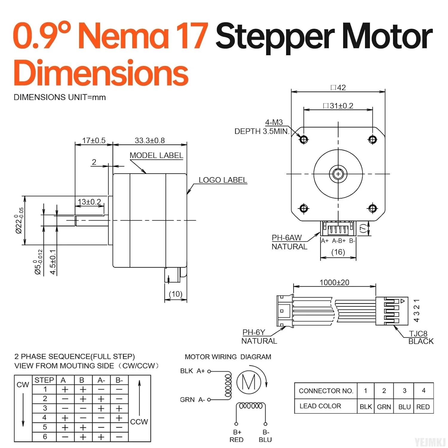 موتور پله ای 0.9° Nema 17، دو فاز، گشتاور بالا 0.16Nm (22.66oz·in)، دو قطبی 1.2A، 1.7Ω، 42x34mm، 4 سیم، شفت 17mm φ5mm، موتور پله ای 42 با کابل 1 متری برای پرینتر سه بعدی، ربات DIY، دستگاه CNC