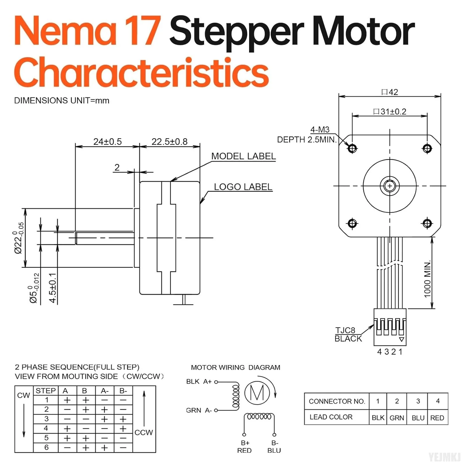 بسته 5 عددی موتور پله ای Nema 17، 1.8 درجه، 2 فاز، گشتاور بالا 0.16 نیوتن متر، دو قطبی 42x23 میلی متر، 0.8 آمپر، 4.2 اهم، 4 سیم، شفت 24 میلی متر φ5 میلی متر، کابل 1 متری موتور پله ای 42 برای پرینتر سه بعدی، ربات DIY، دستگاه CNC