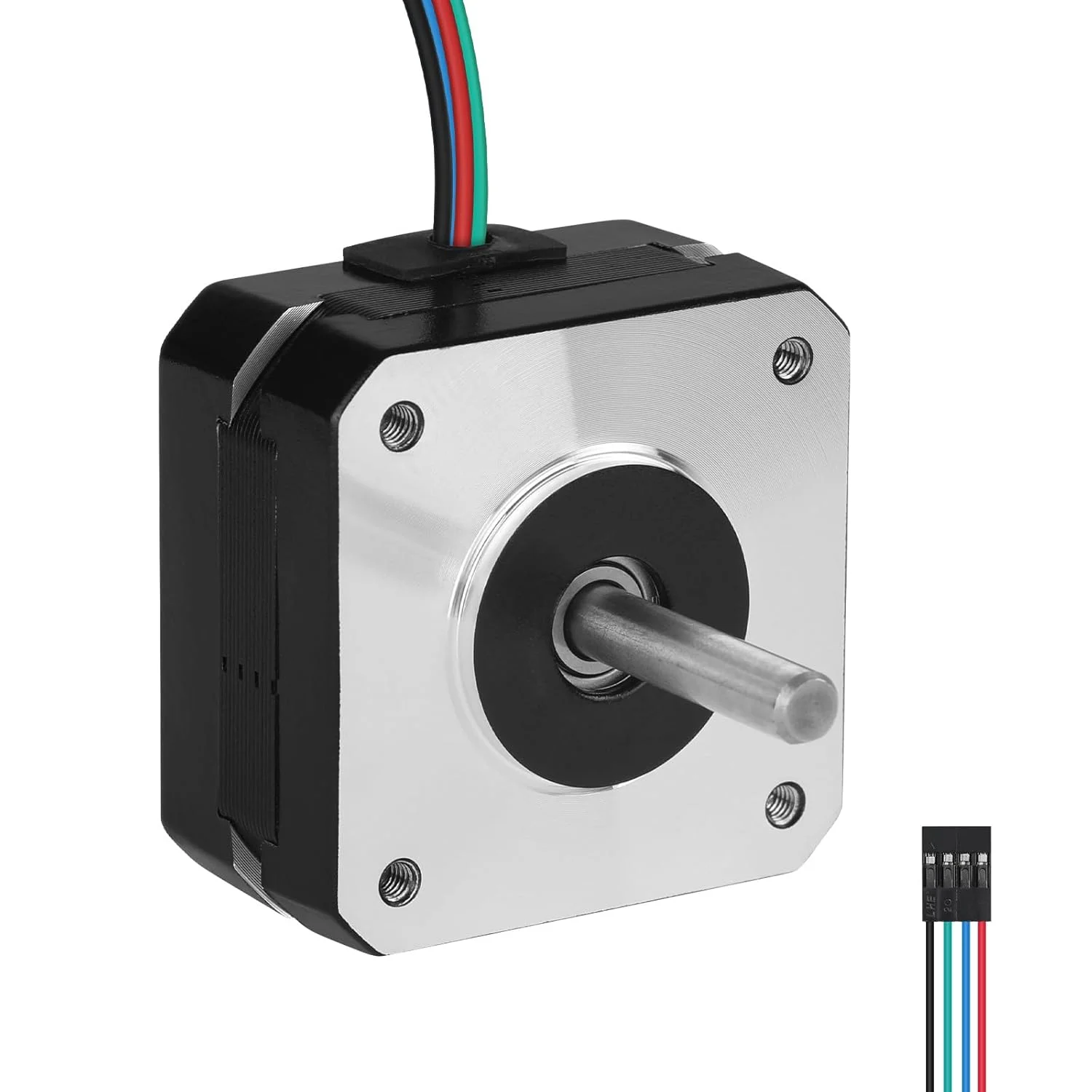 موتور پله ای Nema 17، دو فاز، ۱.۸ درجه، ۰.۱۶ نیوتن متر، گشتاور بالا، دو قطبی، ۲۳ میلی متر، ۴.۲ اهم، ۰.۸ آمپر، ۴ سیم، شفت ۲۴ میلی متر، φ۵ میلی متر، موتور پله ای پنکیکی ۴۲، کابل ۱ متری برای پرینتر سه بعدی، ربات DIY، دستگاه CNC