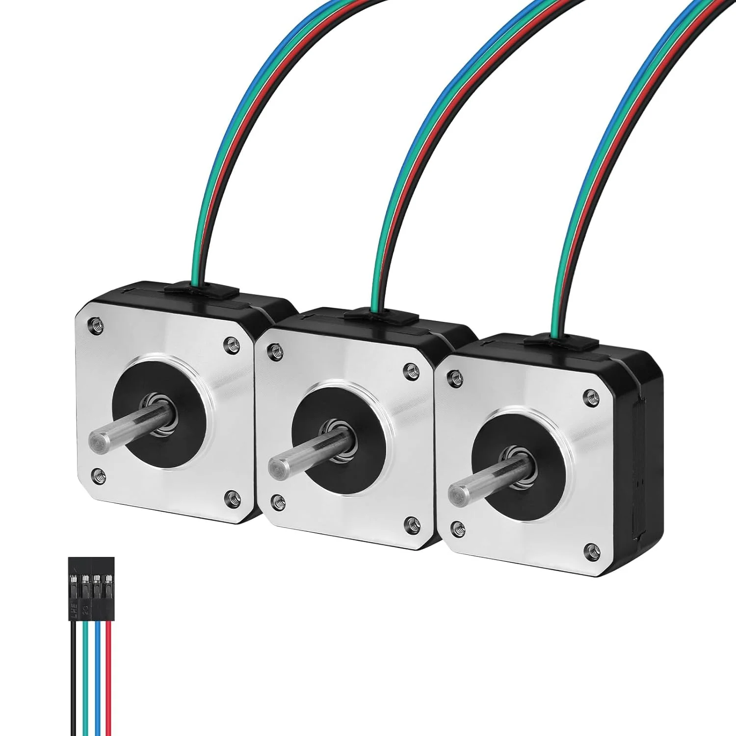 مجموعه 3 عددی موتور پله‌ای Nema 17، دو فاز، 1.8 درجه، 0.13 نیوتن‌متر (18.41 اونس-اینچ)، گشتاور بالا، دو قطبی، 21 میلی‌متر، 4.2 اهم، 1.0 آمپر، 4 سیم، شفت 24 میلی‌متر φ5 میلی‌متر، کابل موتور پله‌ای 42، 1 متری برای پرینتر سه بعدی، ربات DIY، دستگاه CNC