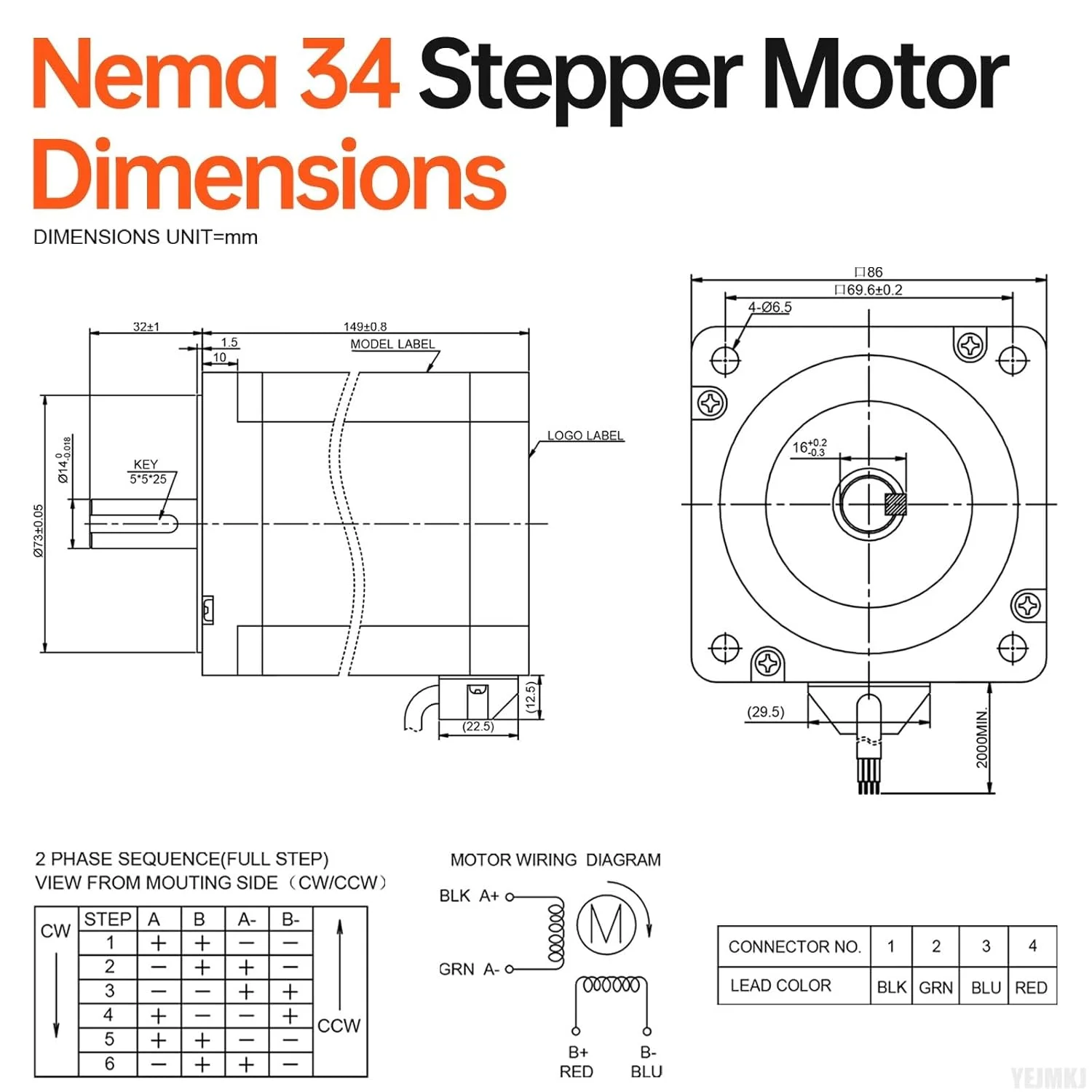 موتور پله ای Nema 34، 1.8 درجه، 2 فاز، گشتاور بالا 12.8Nm (1812.63oz·in)، دو قطبی 86x149mm، 6.4A، 0.7Ω، 4 سیم، شفت 32mm φ14mm، کابل موتور پله ای 86 به طول 2 متر برای دستگاه CNC، تراش، پرینتر سه بعدی و ربات های DIY
