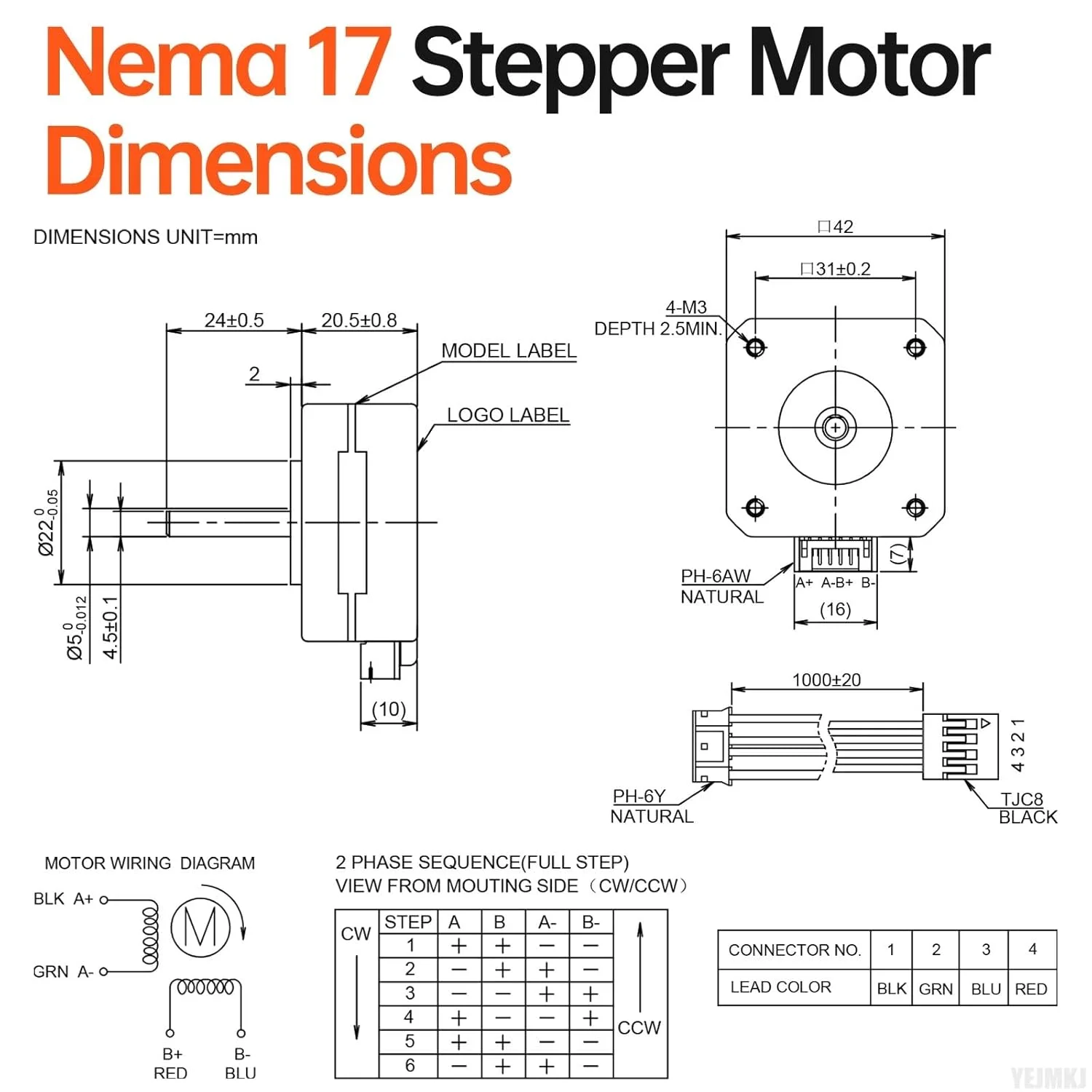موتور پله ای Nema 17، 3 عددی، 2 فاز، 1.8 درجه، 0.13 نیوتن متر (18.41 اونس در اینچ)، گشتاور بالا، دو قطبی، 21 میلی متر، 3.5 اهم، 1.0 آمپر، 4 سیم، شفت 24 میلی متر φ5 میلی متر، کابل موتور پله ای 42، 1 متری برای پرینتر سه بعدی، ربات DIY، دستگاه CNC