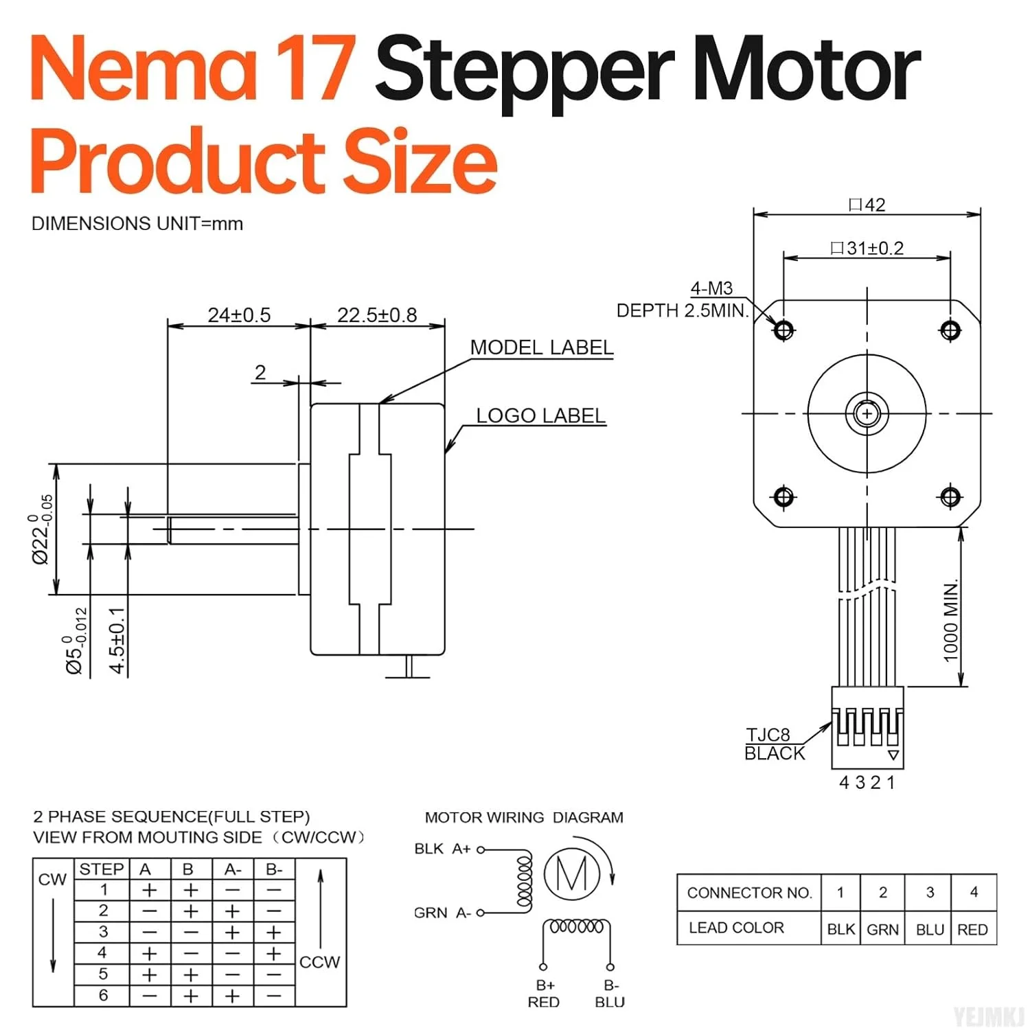 موتور پله ای Nema 17، دو فاز، ۱.۸ درجه، ۰.۱۶ نیوتن متر، گشتاور بالا، دو قطبی، ۲۳ میلی متر، ۴.۲ اهم، ۰.۸ آمپر، ۴ سیم، شفت ۲۴ میلی متر، φ۵ میلی متر، موتور پله ای پنکیکی ۴۲، کابل ۱ متری برای پرینتر سه بعدی، ربات DIY، دستگاه CNC
