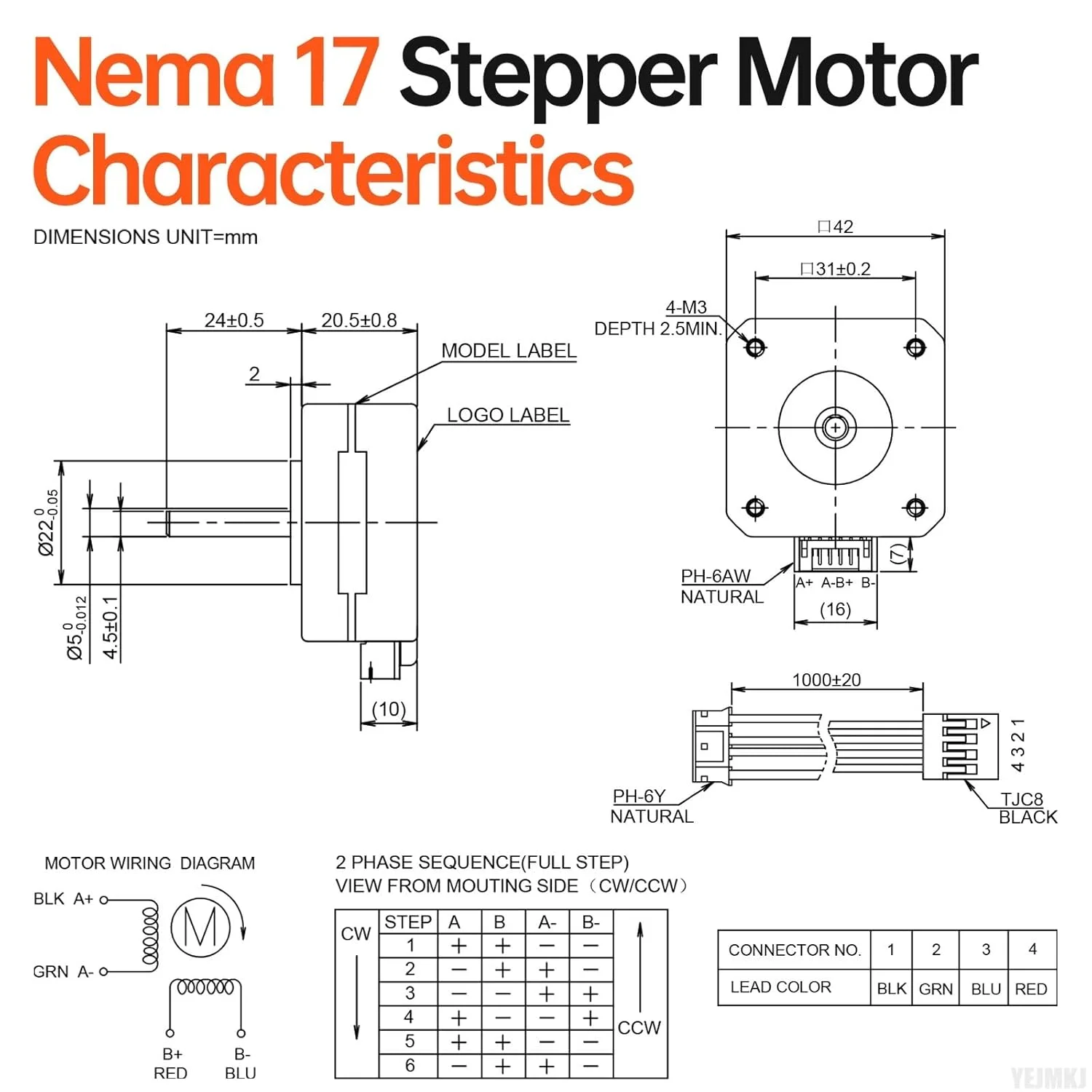 موتور پله‌ای Nema 17، دو فاز، ۱.۸ درجه، ۰.۱۳ نیوتن‌متر (۱۸.۴۱ اونس-اینچ)، گشتاور بالا، دو قطبی ۲۱ میلی‌متر، ۱.۰ آمپر، ۳.۵ اهم، ۴ سیم، شفت ۲۴ میلی‌متر φ۵ میلی‌متر، کابل موتور پله‌ای ۴۲، ۱ متری برای پرینتر سه بعدی، ربات DIY، ماشین CNC