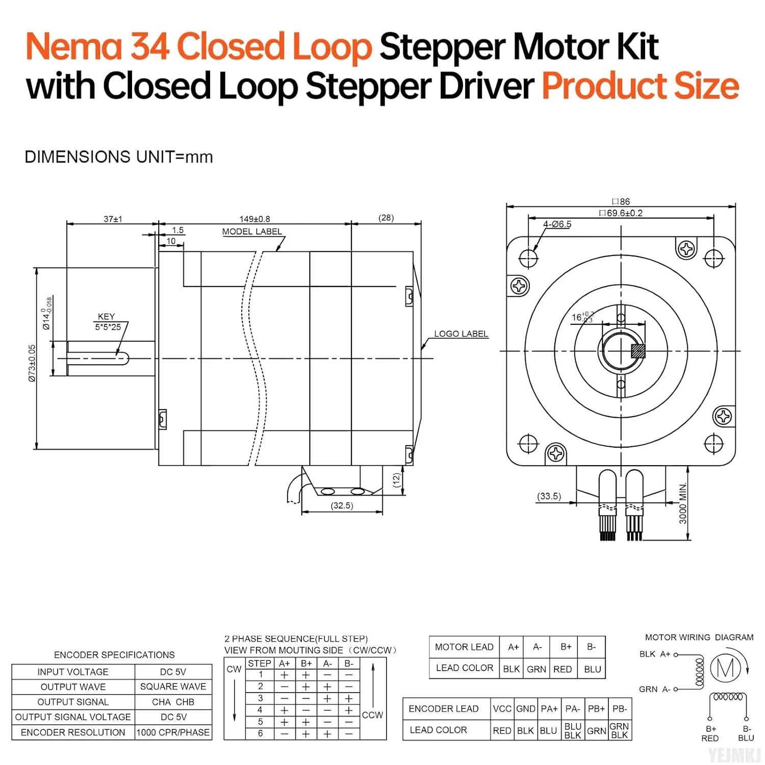 کیت موتور پله‌ای حلقه بسته Nema 34 به همراه درایور موتور پله‌ای حلقه بسته، 2 فاز، 1.8 درجه، گشتاور بالا 12.8 نیوتن‌متر، دو قطبی 6.4 آمپر 0.8 اهم 149 میلی‌متر کابل 3 متری برای دستگاه CNC، روتر، پرینتر سه بعدی، ربات DIY