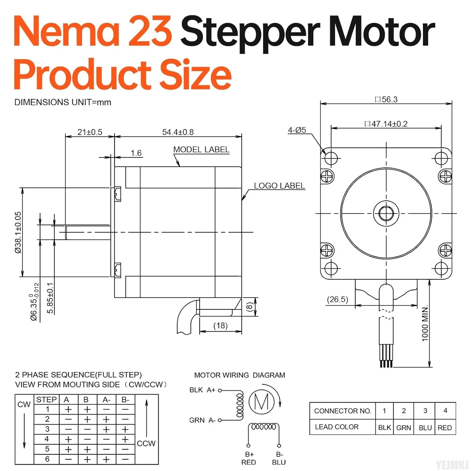 موتور پله‌ای Nema 23، دو فاز، ۱.۸ درجه، ۱.۳ نیوتن‌متر، گشتاور بالا، دوقطبی، ۵۵ میلی‌متر، ۴.۲ آمپر، ۰.۵ اهم، ۴ سیم، شفت ۲۱ میلی‌متر φ۶.۳۵ میلی‌متر، کابل موتور پله‌ای ۵۷ به طول ۱ متر برای دستگاه CNC، تراش، پرینتر سه بعدی، ربات DIY.