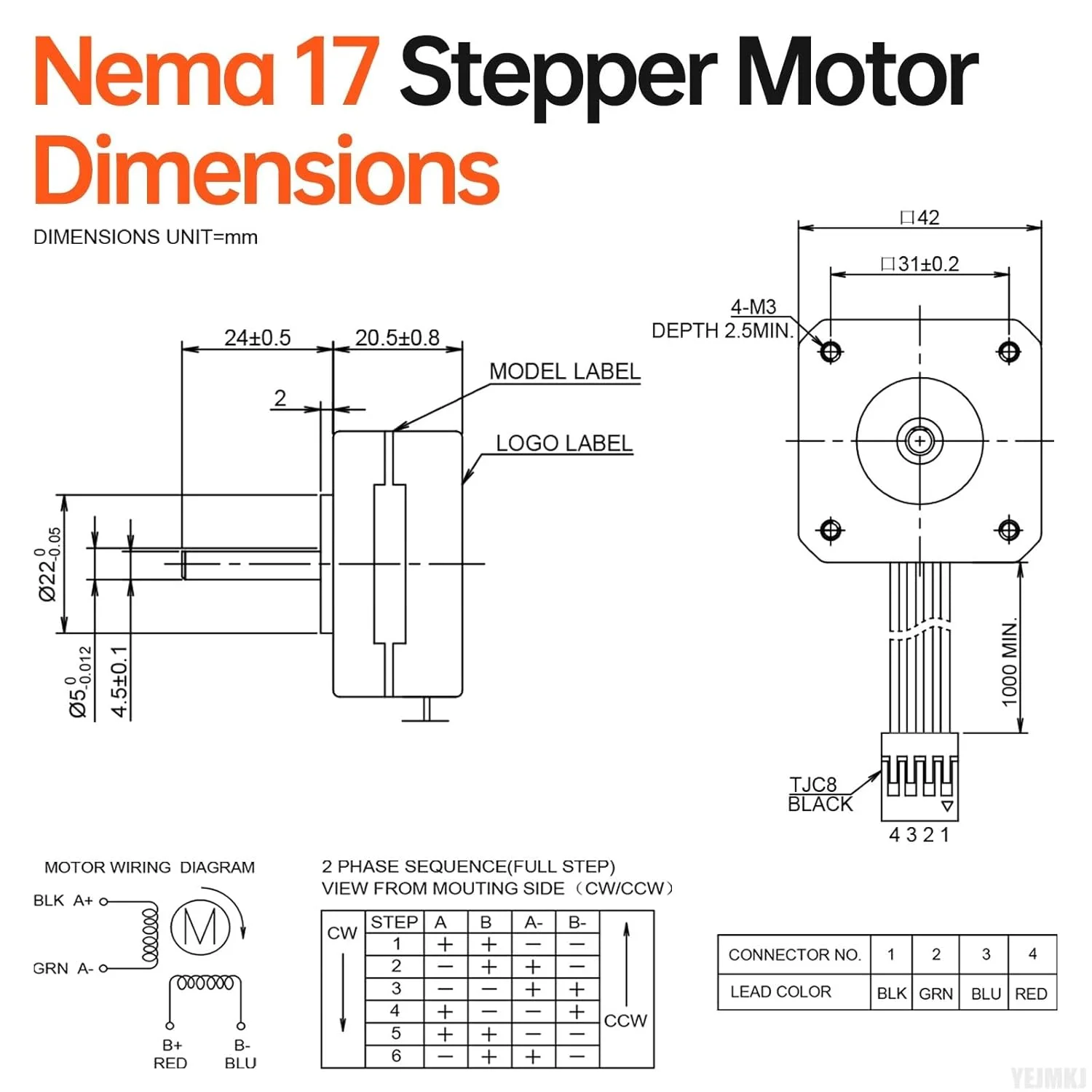 موتور پله‌ای Nema 17، 1.8 درجه، 2 فاز، گشتاور بالا 0.13 نیوتن‌متر (18.41 اونس·اینچ)، دوقطبی 42x21 میلی‌متر، 1.0 آمپر، 4.2 اهم، 4 سیم، شفت 24 میلی‌متر φ5 میلی‌متر، موتور پله‌ای پنکیکی 42، کابل 1 متری برای پرینتر سه بعدی، ربات DIY، ماشین CNC