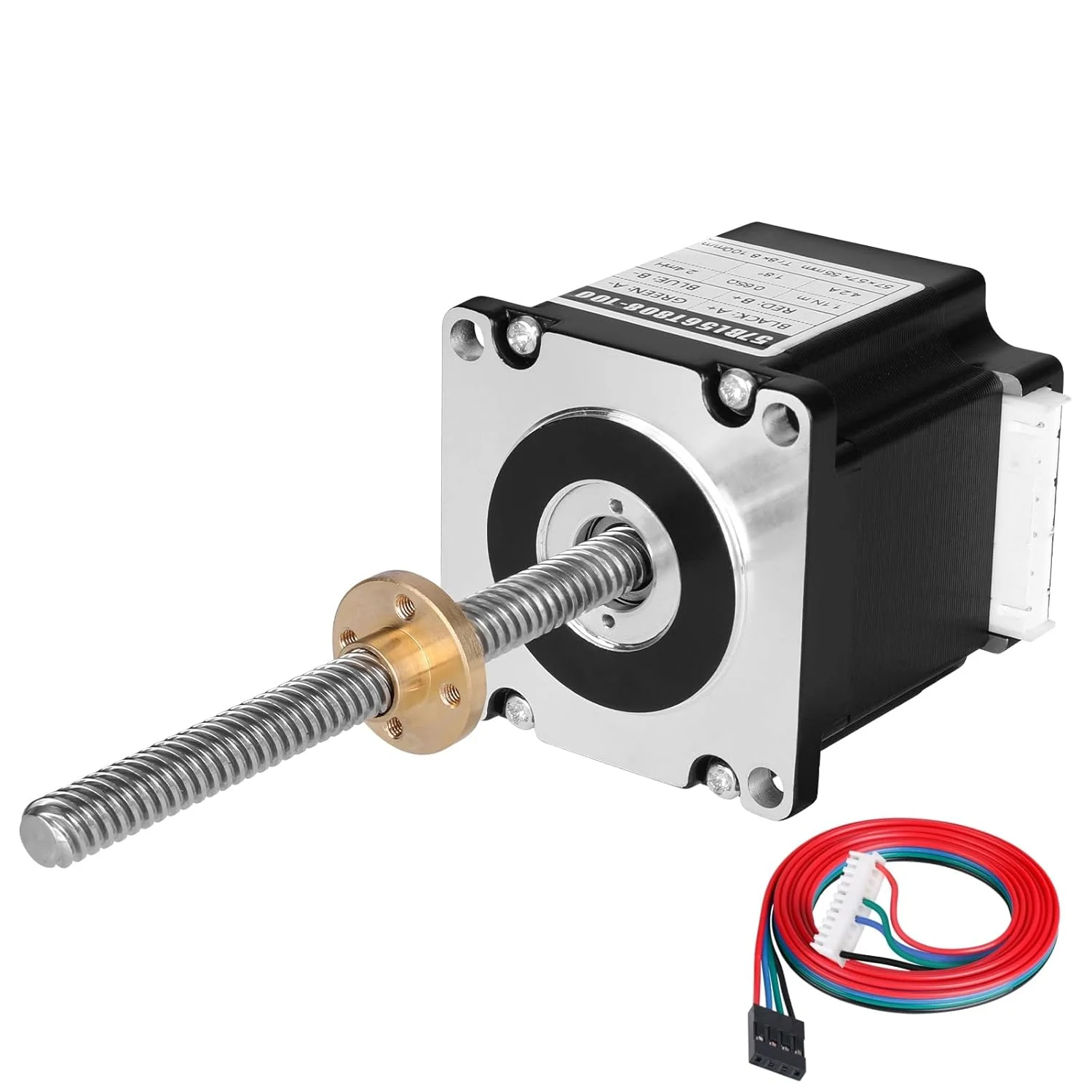 موتور پله‌ای Nema 23 مدل TR8x8 100mm به همراه پیچ سربی T8 با زاویه گام 1.8 درجه، 2 فاز، گشتاور بالا 1.1Nm (155.77oz·in)، دوقطبی 4.2A 0.65Ω، طول 55mm، موتور پله‌ای 57، کابل اتصال 4 سیمه 1 متری برای پرینتر سه بعدی، ربات DIY و CNC