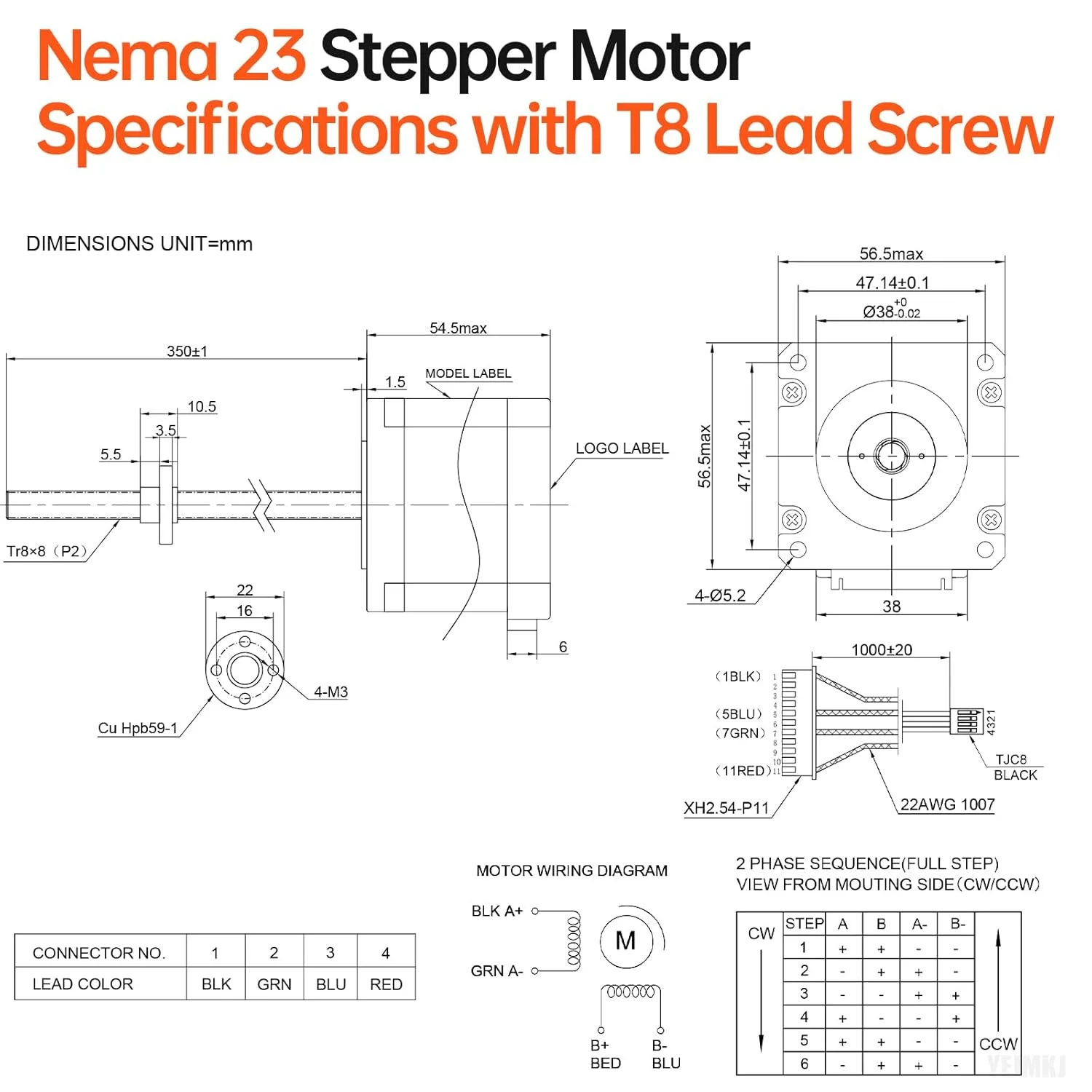 Nema 23 Stepper Motor TR8x8 350mm with T8 Lead Screw 2 Phase 1.8‌°‌ High Torque 1.1Nm (155.77oz·in) 4.2A 0.65Ω Bipolar 57x55mm 4-Wire Connector Cable 1M for 3D Printer DIY Robot CNC