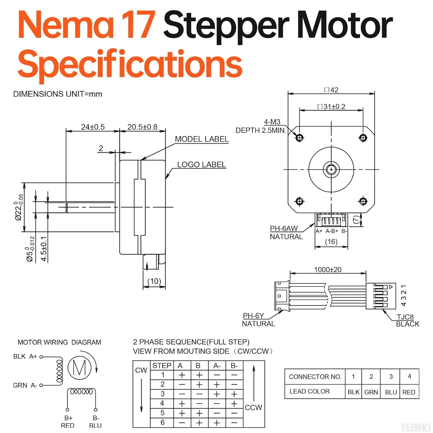 بسته 10 عددی موتور پله ای Nema 17، 1.8 درجه، 2 فاز، گشتاور بالا 0.13 نیوتن متر، دو قطبی 42x21 میلی متر، 1.0 آمپر، 3.5 اهم، 4 سیم، شفت 24 میلی متر φ5 میلی متر، کابل موتور پله ای 42 به طول 1 متر برای پرینتر سه بعدی، ربات DIY، دستگاه CNC