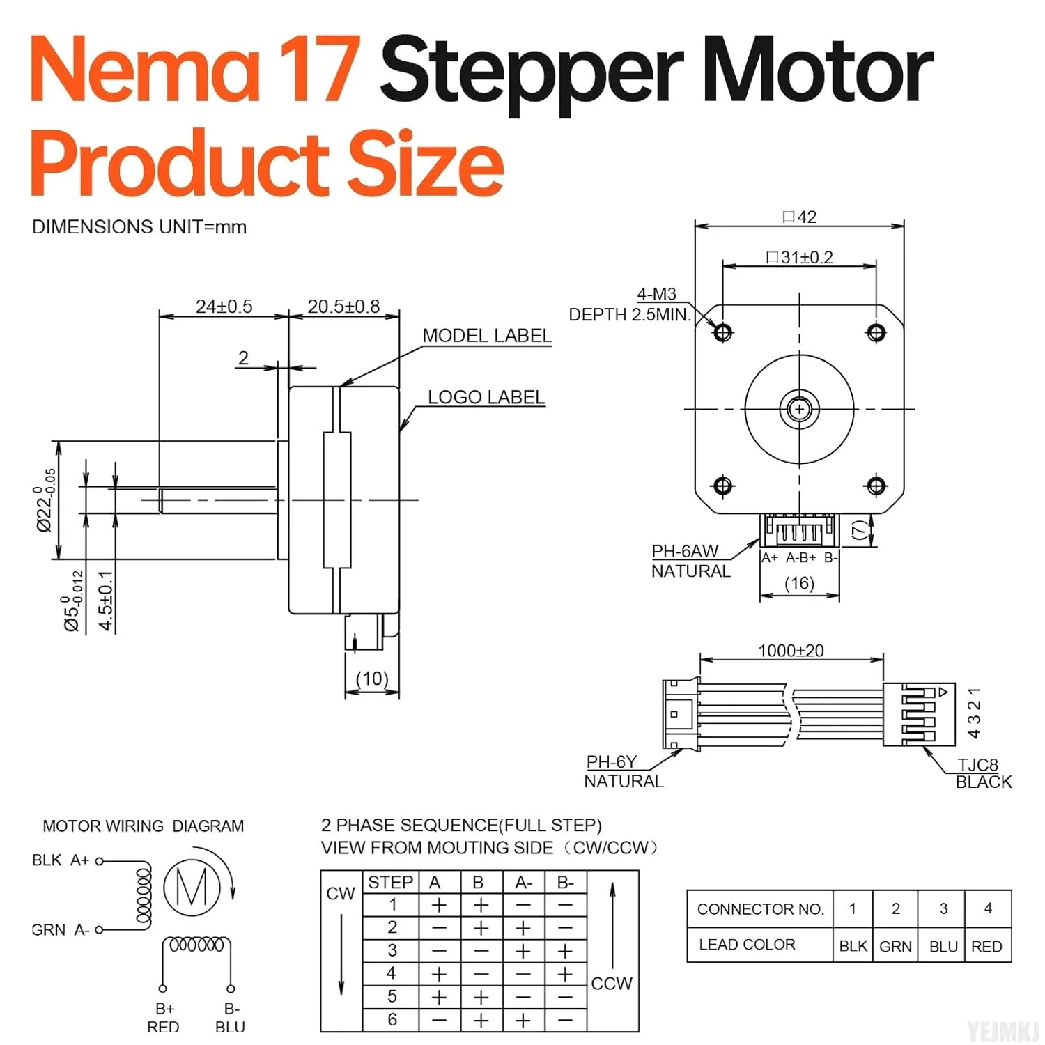 موتور پله‌ای Nema 17، 1.8 درجه، 2 فاز، گشتاور بالا 0.13 نیوتن‌متر، دو قطبی 42x21 میلی‌متر، 1.0 آمپر، 3.5 اهم، 4 سیم، شفت 24 میلی‌متر φ5 میلی‌متر، موتور پله‌ای پنکیکی 42، کابل 1 متری برای پرینتر سه بعدی، ربات DIY، دستگاه CNC