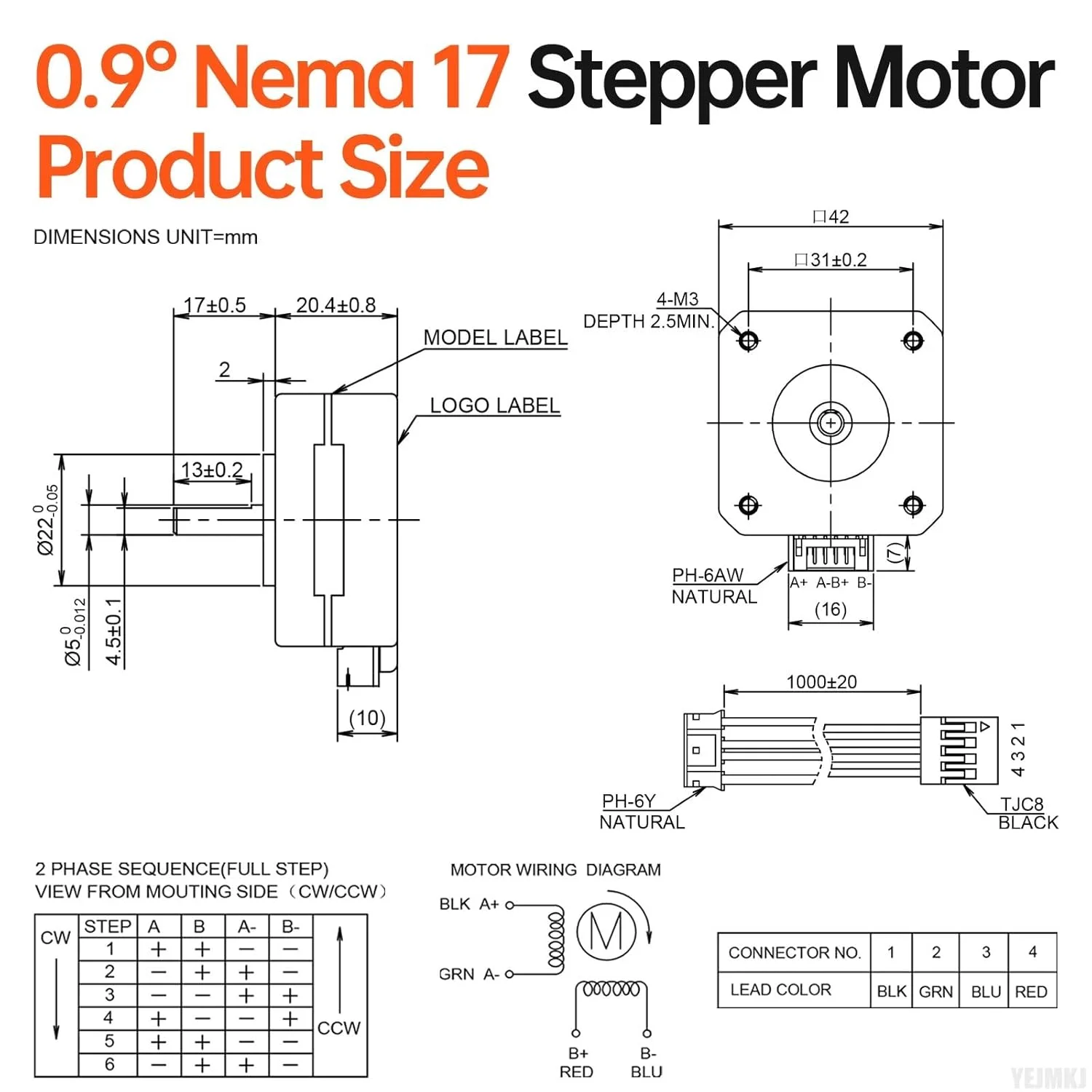 موتور پله ای 0.9 درجه Nema 17، 2 فاز، گشتاور بالا 0.09 نیوتن متر، دو قطبی 0.4 آمپر، 9.1 اهم، 42x21 میلی متر، 4 سیم، شفت 17 میلی متر φ5 میلی متر، کابل موتور پله ای 42 به طول 1 متر برای پرینتر سه بعدی، ربات DIY و دستگاه CNC