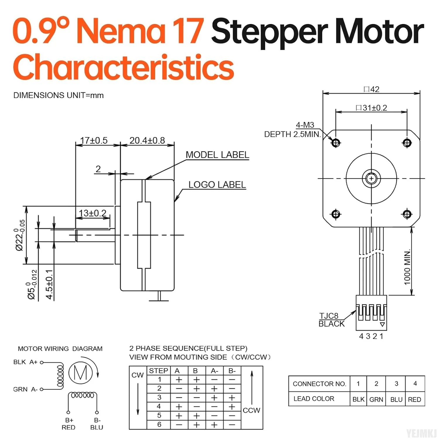 موتور پله‌ای 0.9° Nema 17، دو فاز، گشتاور بالا 0.09Nm (12.75oz·in)، دو قطبی 9.1Ω، 0.4A، بدنه 21mm، 4 سیم، شفت 17mm φ5mm، موتور پله‌ای 42 به همراه کابل 1 متری برای پرینتر سه بعدی، ربات DIY، ماشین CNC