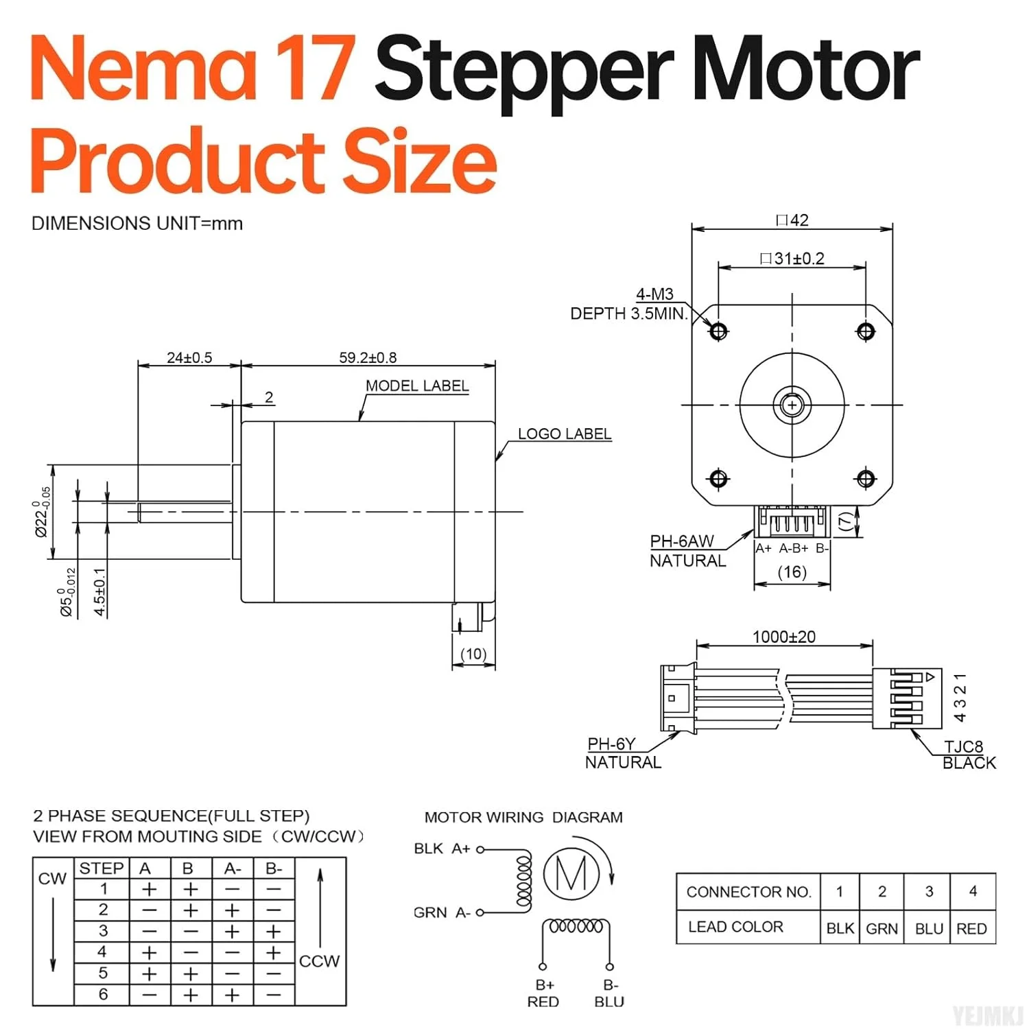 موتور پله ای Nema 17، 2 فاز، 1.8 درجه، 0.84 نیوتن متر (118.95 اونس در اینچ)، گشتاور بالا، دو قطبی 60 میلی متر، 2.3 آمپر، 1.1 اهم، 4 سیم، شفت 24 میلی متر φ5 میلی متر، کابل موتور پله ای 42، 1 متری برای پرینتر سه بعدی، ربات DIY، دستگاه CNC