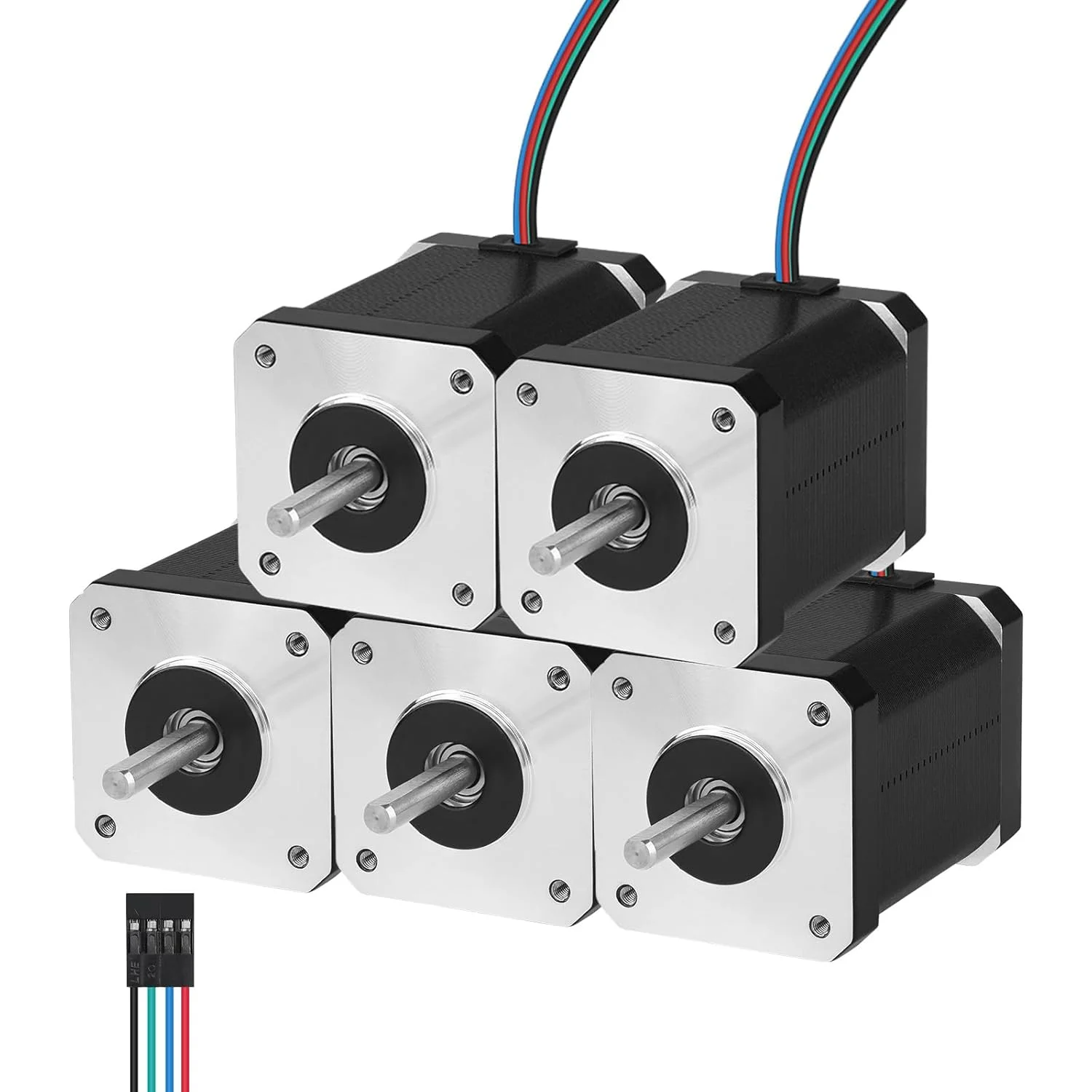 مجموعه 5 عددی موتور پله‌ای Nema 17، دو فاز، 1.8 درجه، 0.84 نیوتن‌متر (118.95 اونس-اینچ)، گشتاور بالا، دو قطبی 60 میلی‌متر، 1.5 اهم، 2.3 آمپر، 4 سیم، شفت 24 میلی‌متر φ5 میلی‌متر، کابل 1 متری موتور پله‌ای 42 برای پرینتر سه بعدی، ربات DIY و دستگاه CNC