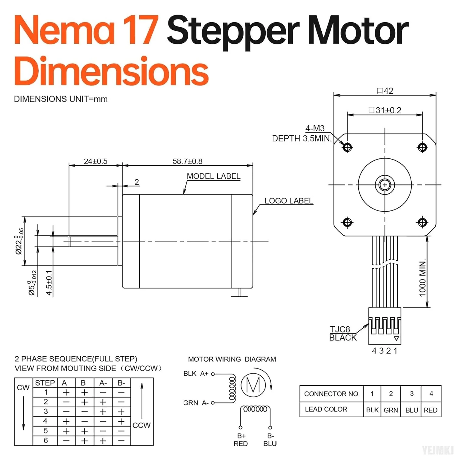 مجموعه 5 عددی موتور پله‌ای Nema 17، دو فاز، 1.8 درجه، 0.84 نیوتن‌متر (118.95 اونس-اینچ)، گشتاور بالا، دو قطبی 60 میلی‌متر، 1.5 اهم، 2.3 آمپر، 4 سیم، شفت 24 میلی‌متر φ5 میلی‌متر، کابل 1 متری موتور پله‌ای 42 برای پرینتر سه بعدی، ربات DIY و دستگاه CNC