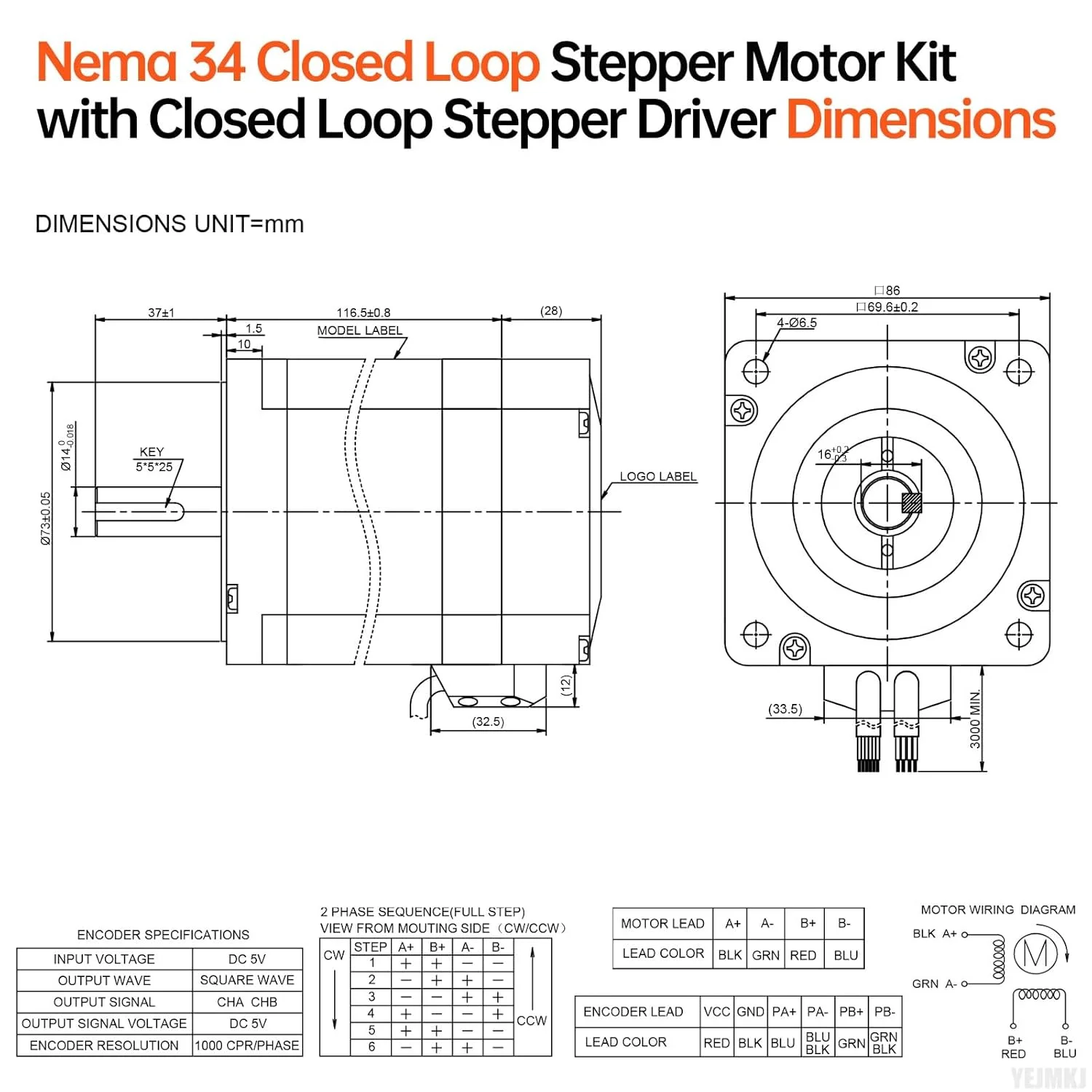 کیت موتور پله‌ای حلقه بسته Nema 34 با درایور موتور پله‌ای حلقه بسته، 1.8 درجه، 2 فاز، گشتاور بالا 10 نیوتن‌متر، دو قطبی 6.4 آمپر، 0.6 اهم، 117 میلی‌متر، کابل 3 متری برای CNC، روتر، پرینتر سه بعدی، ربات DIY