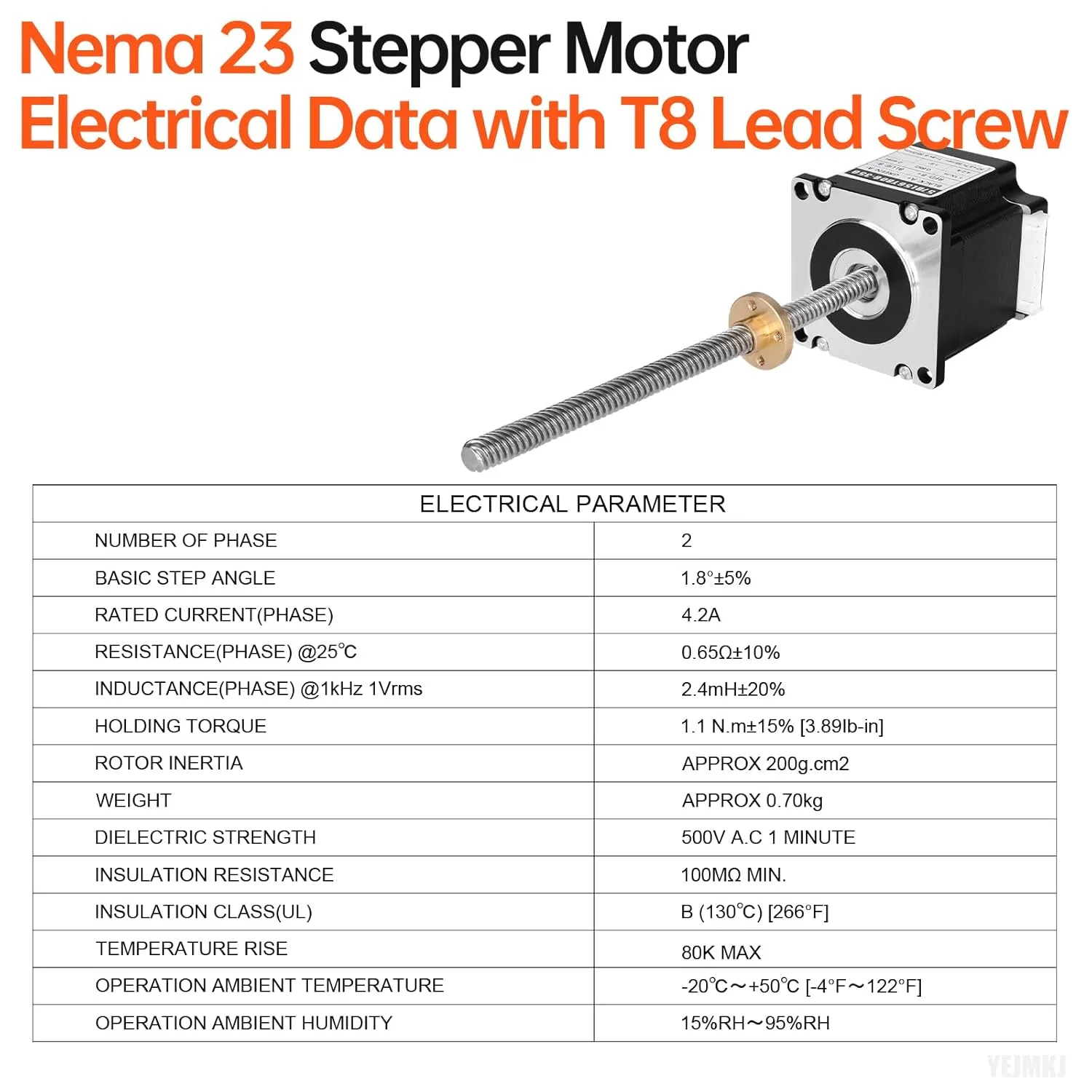 موتور پله ای Nema 23 مدل TR8x8 250mm به همراه پیچ سربی T8، دو فاز، 1.8 درجه، گشتاور بالا 1.1Nm (155.77oz·in)، دو قطبی 4.2A، 0.65Ω، 55mm، موتور پله ای 57، کابل اتصال 4 سیمه 1 متری برای پرینتر سه بعدی، ربات DIY، CNC