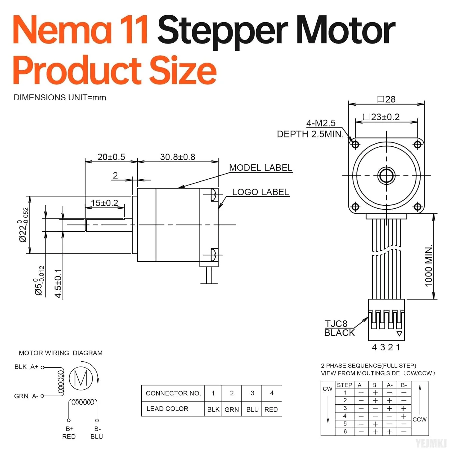 موتور پله ای Nema 11، 1.8 درجه، 2 فاز، گشتاور بالا 8Ncm (11.33oz·in)، دو قطبی 28x31mm، 0.8A، 6.1Ω، 4 سیم، شفت 20mm φ5mm، موتور پله ای 28 به همراه کابل 1 متری برای پرینتر سه بعدی، ربات DIY، دستگاه CNC