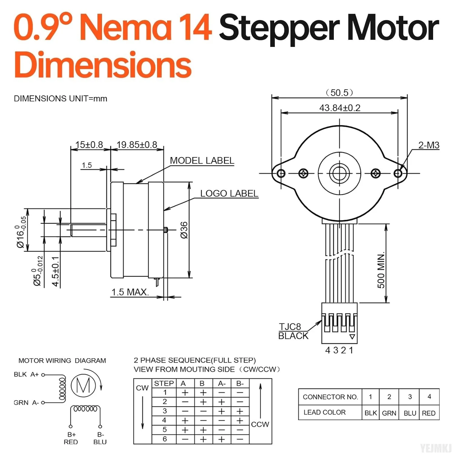 موتور پله ای 0.9 درجه Nema 14، دو فاز، گشتاور بالا 8Ncm، دو قطبی 0.4 آمپر 17Ω، شفت 4 سیمه 36-20mm، طول شفت 15mm، قطر 5mm، کابل موتور پله ای 36mm به طول 0.5 متر برای پرینتر سه بعدی، ربات DIY و دستگاه CNC