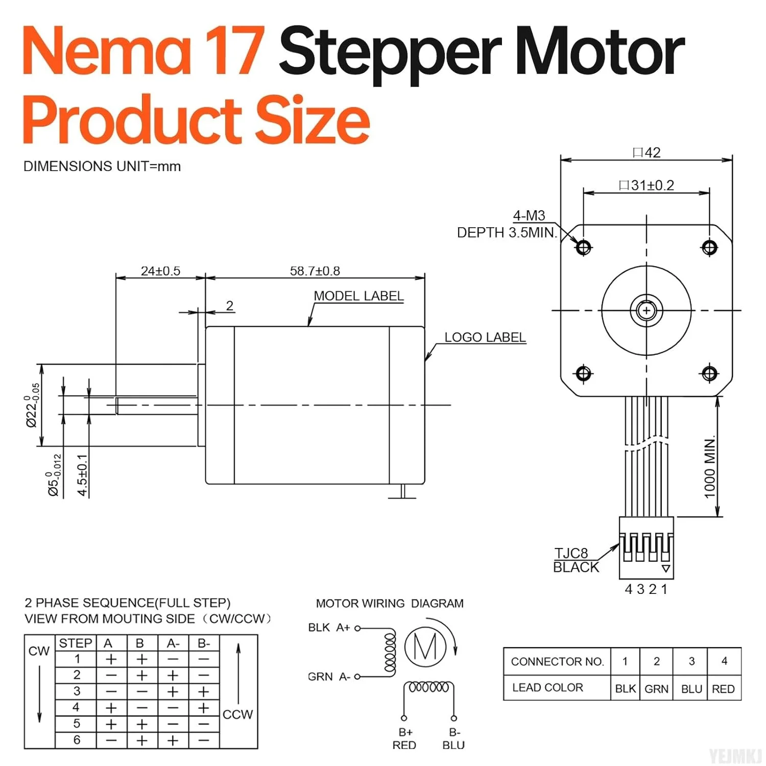 موتور پله ای Nema 17، 1.8 درجه، 2 فاز، گشتاور بالا 0.84Nm (118.95oz·in)، دو قطبی 42x60mm، 2.3A، 1.5Ω، 4 سیم، شفت 24mm φ5mm، کابل 1 متری موتور پله ای 42 برای پرینتر سه بعدی، ربات DIY، دستگاه CNC
