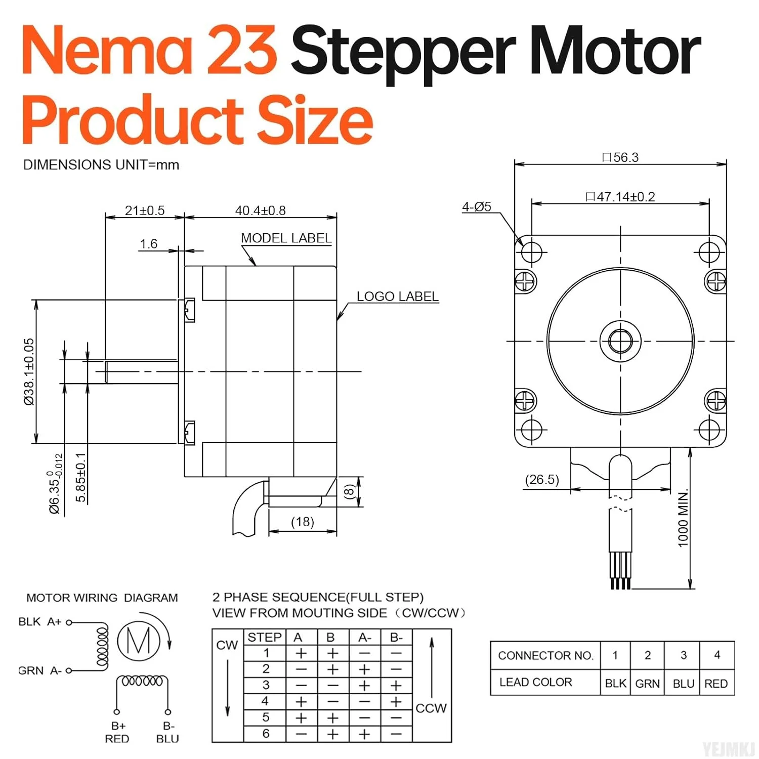 موتور پله ای Nema 23، 1.8 درجه، 2 فاز، گشتاور بالا 0.72 نیوتن متر، دو قطبی 57x41 میلی متر، 2.0 آمپر، 1.6 اهم، 4 سیم، شفت 21 میلی متر φ6.35 میلی متر، کابل موتور پله ای 57 به طول 1 متر برای دستگاه CNC، تراش، پرینتر سه بعدی و ربات های DIY