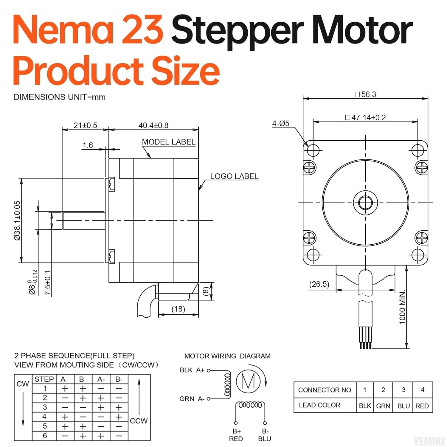 موتور پله ای Nema 23، دو فاز، 1.8 درجه، 0.72 نیوتن متر، گشتاور بالا، دو قطبی 41 میلی متر، 1.6 اهم، 2.0 آمپر، 4 سیم، شفت 21 میلی متر φ8 میلی متر، کابل موتور پله ای 57، 1 متری برای CNC، دستگاه تراش، پرینتر سه بعدی، ربات DIY.