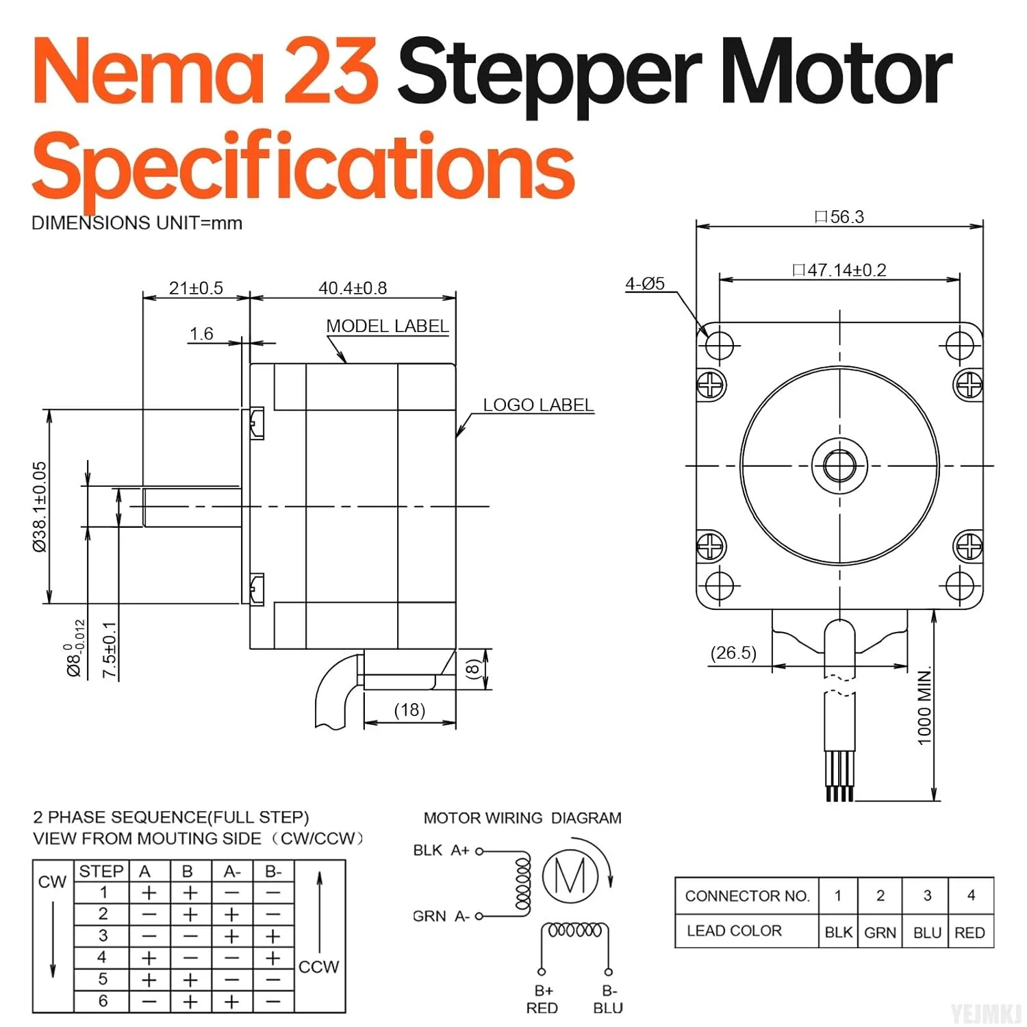 بسته 3 عددی موتور پله ای Nema 23، دو فاز، 1.8 درجه، 0.72 نیوتن متر (101.96 اونس در اینچ)، گشتاور بالا، دو قطبی 41 میلی متر، 2.0 آمپر، 1.6 اهم، 4 سیم، شفت 21 میلی متر φ8 میلی متر، کابل موتور پله ای 57 به طول 1 متر برای دستگاه CNC، پرینتر سه بعدی، ربات DIY.