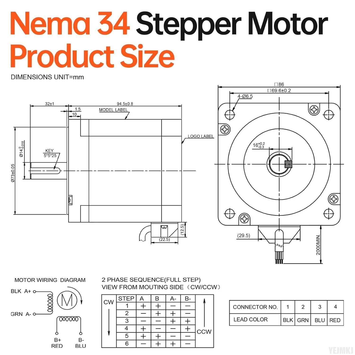 موتور پله ای Nema 34، دو فاز، 1.8 درجه، 7.4 نیوتن متر، گشتاور بالا، دو قطبی، 95 میلی متر، 0.6 اهم، 5.5 آمپر، 4 سیم، شفت 32 میلی متر، φ14 میلی متر، کابل موتور پله ای 86 به طول 2 متر برای دستگاه CNC، تراش، پرینتر سه بعدی، ربات DIY.