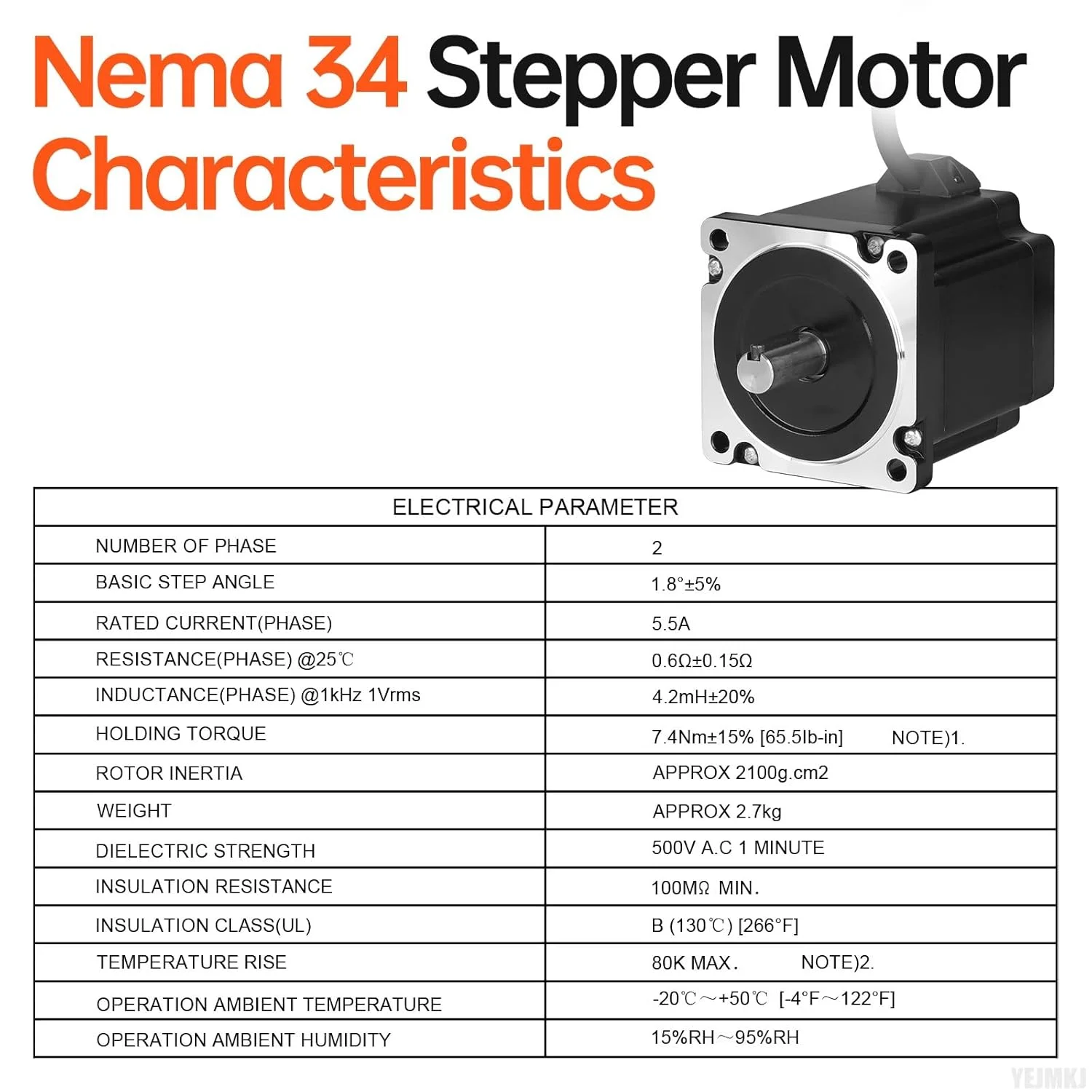 موتور پله ای Nema 34، دو فاز، 1.8 درجه، 7.4 نیوتن متر، گشتاور بالا، دو قطبی، 95 میلی متر، 0.6 اهم، 5.5 آمپر، 4 سیم، شفت 32 میلی متر، φ14 میلی متر، کابل موتور پله ای 86 به طول 2 متر برای دستگاه CNC، تراش، پرینتر سه بعدی، ربات DIY.