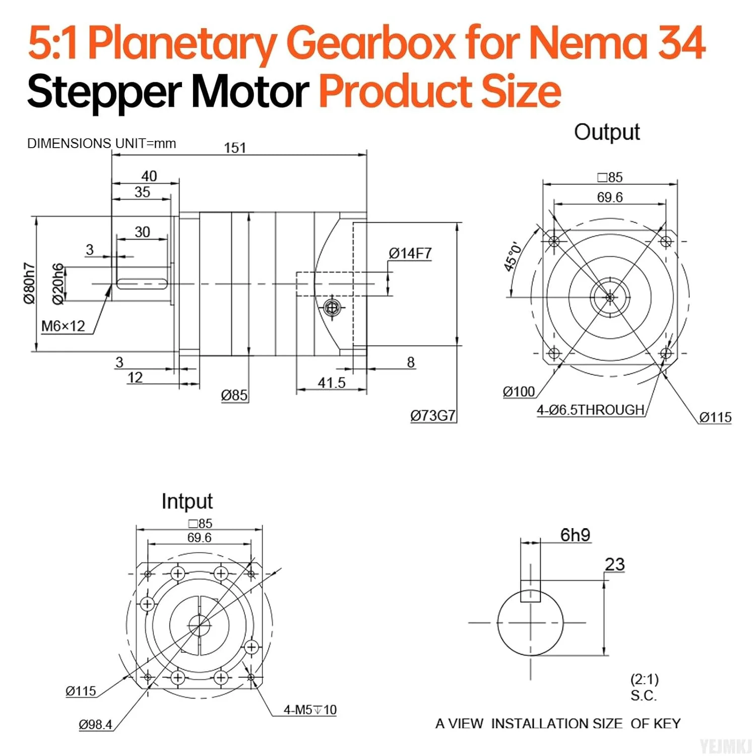 گیربکس سیاره ای با نسبت 5:1 برای موتور پله ای Nema 34، اندازه 85-111 میلی متر، لقی 10 Arcmi، شفت ورودی 41.5 میلی متر φ14 میلی متر، کاهنده سیاره ای برای موتور پله ای 86، شامل 4 پیچ، 2 دوشاخه، 1 کلید، مناسب برای CNC، پرینتر سه بعدی و تراش