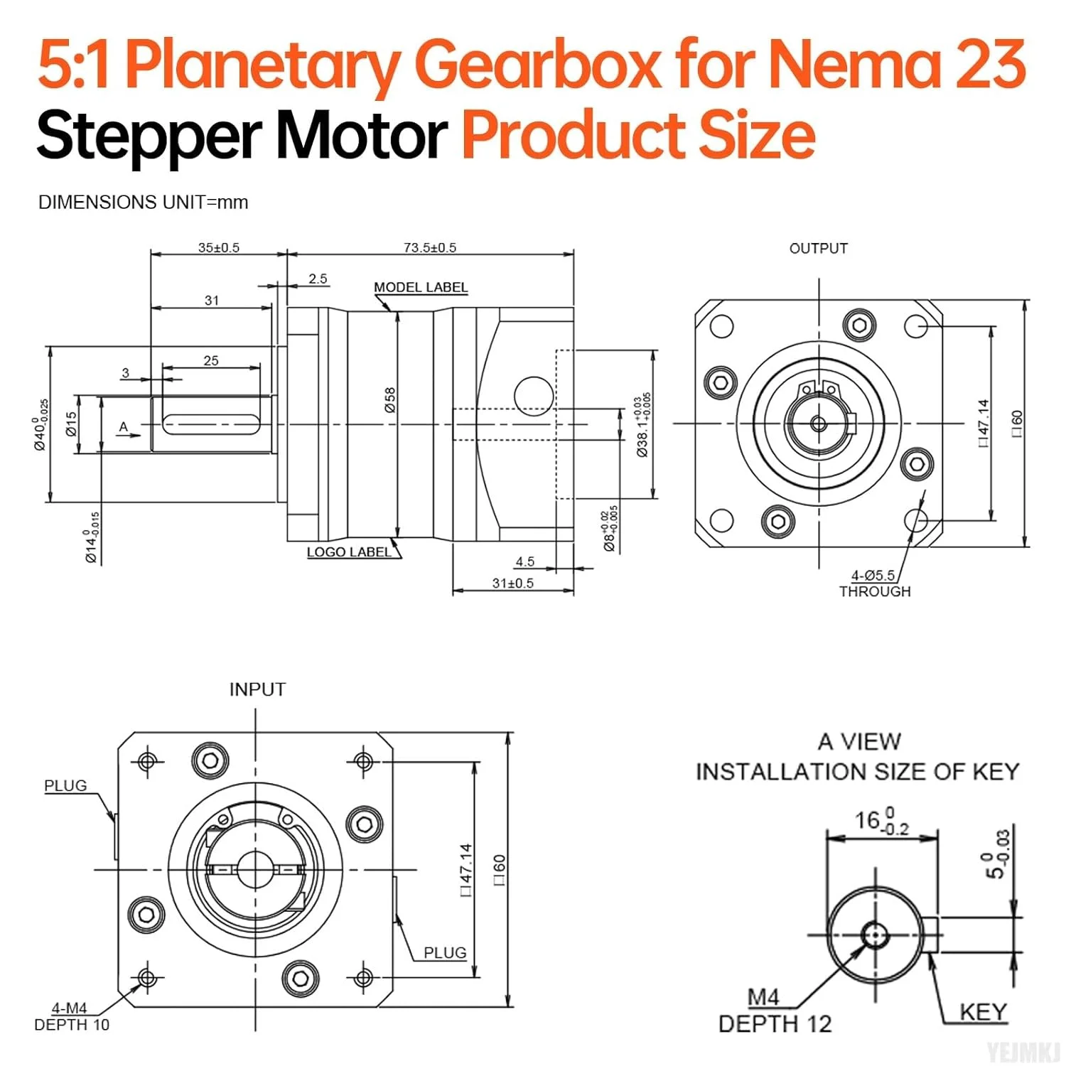 گیربکس سیاره ای با نسبت 5:1 برای موتور پله ای Nema 23، 60-74 میلی متر، لقی 15 دقیقه قوسی، شفت ورودی 31 میلی متر φ8 میلی متر، کاهنده سیاره ای برای موتور پله ای 57، شامل 4 پیچ، 2 دوشاخه، 1 کلید CNC پرینتر سه بعدی تراش
