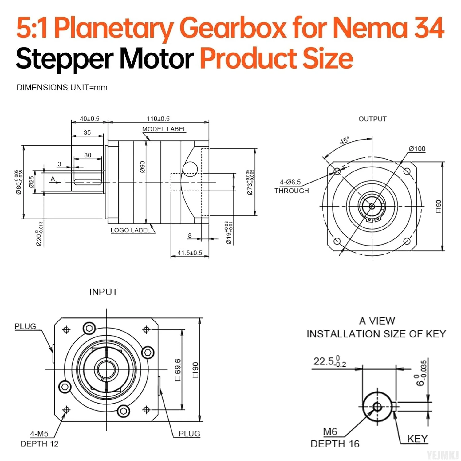 گیربکس سیاره ای با نسبت 5:1 برای استپ موتور Nema 34، 90-110 میلی متر، لقی 10 دقیقه قوسی، شفت ورودی 41.5 میلی متر φ19 میلی متر، کاهنده سیاره ای برای استپ موتور 86 به همراه 4 پیچ، 2 دوشاخه، 1 کلید، مناسب برای CNC، پرینتر سه بعدی و تراش