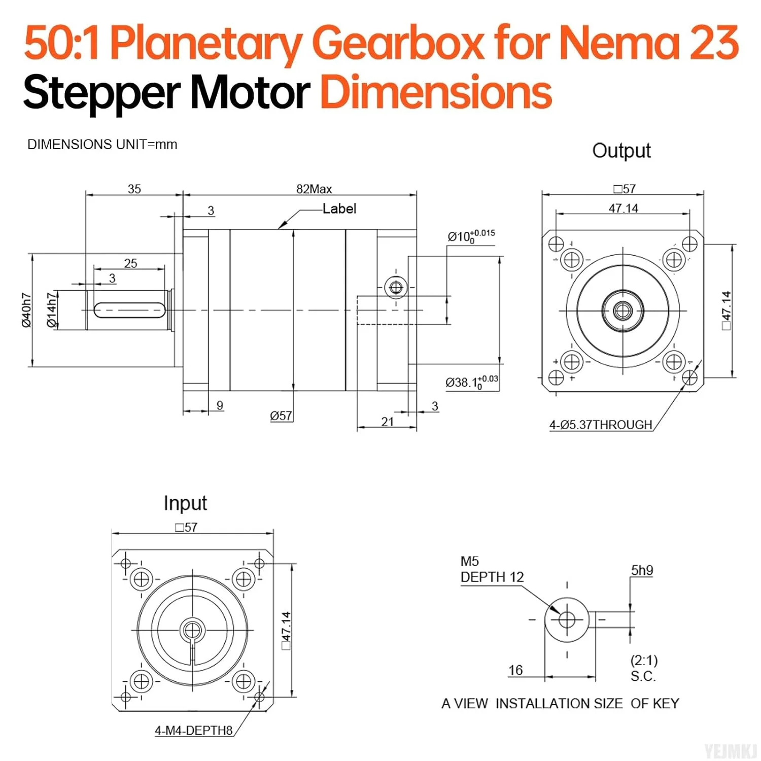 گیربکس سیاره ای با نسبت 50:1 برای موتور پله ای Nema 23، اندازه 57-83 میلی متر، لقی 20 دقیقه قوس، شفت ورودی 21 میلی متر φ10 میلی متر، کاهنده سیاره ای برای موتور پله ای 57 شامل 4 پیچ، 2 دوشاخه، 1 کلید CNC پرینتر سه بعدی تراش