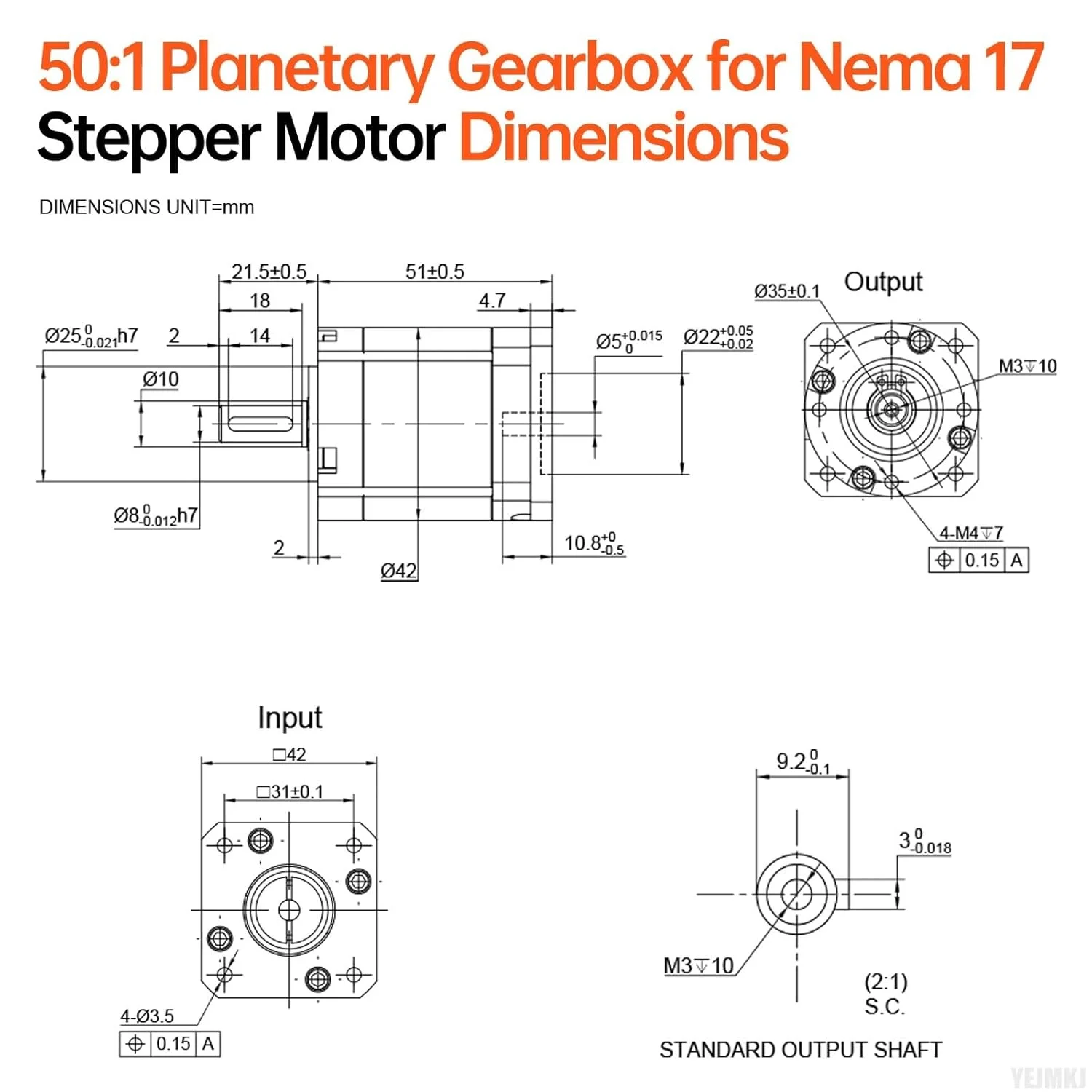 گیربکس سیاره ای با نسبت 50:1 برای موتور پله ای Nema 17، اندازه 42-51 میلی متر، لقی 20 Arcmi، شفت ورودی 10.8 میلی متر φ5mm، کاهنده سیاره ای برای موتور پله ای 86 به همراه 4 پیچ، 2 دوشاخه، 1 کلید، مناسب برای CNC، پرینتر سه بعدی و تراش