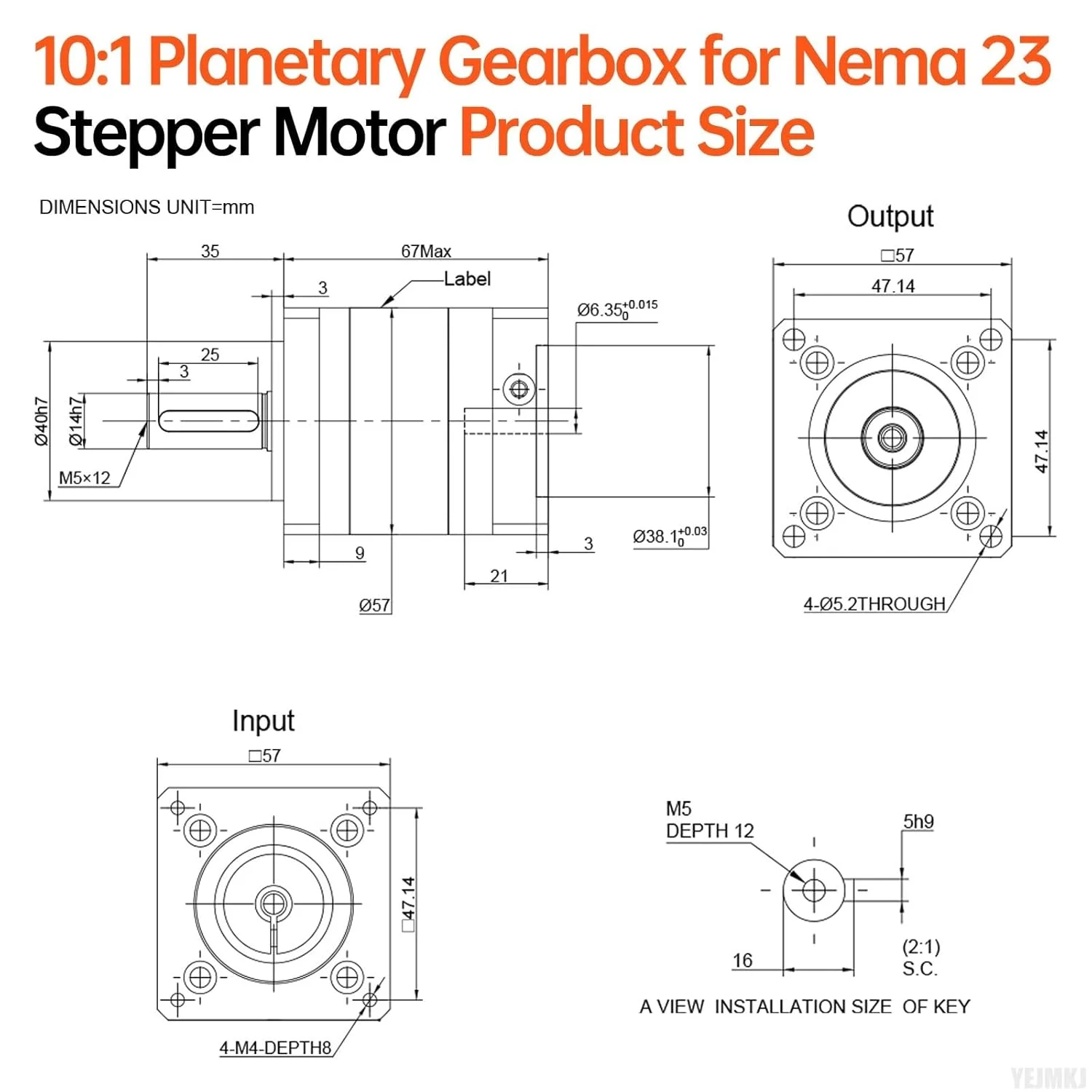گیربکس سیاره ای با نسبت 10:1 برای موتور پله ای Nema 23، 57-67 میلی متر، لقی 15 دقیقه قوس، شفت ورودی 21 میلی متر φ6.35 میلی متر، کاهنده سیاره ای برای موتور پله ای 57 شامل 4 پیچ، 2 دوشاخه، 1 کلید CNC پرینتر سه بعدی تراش