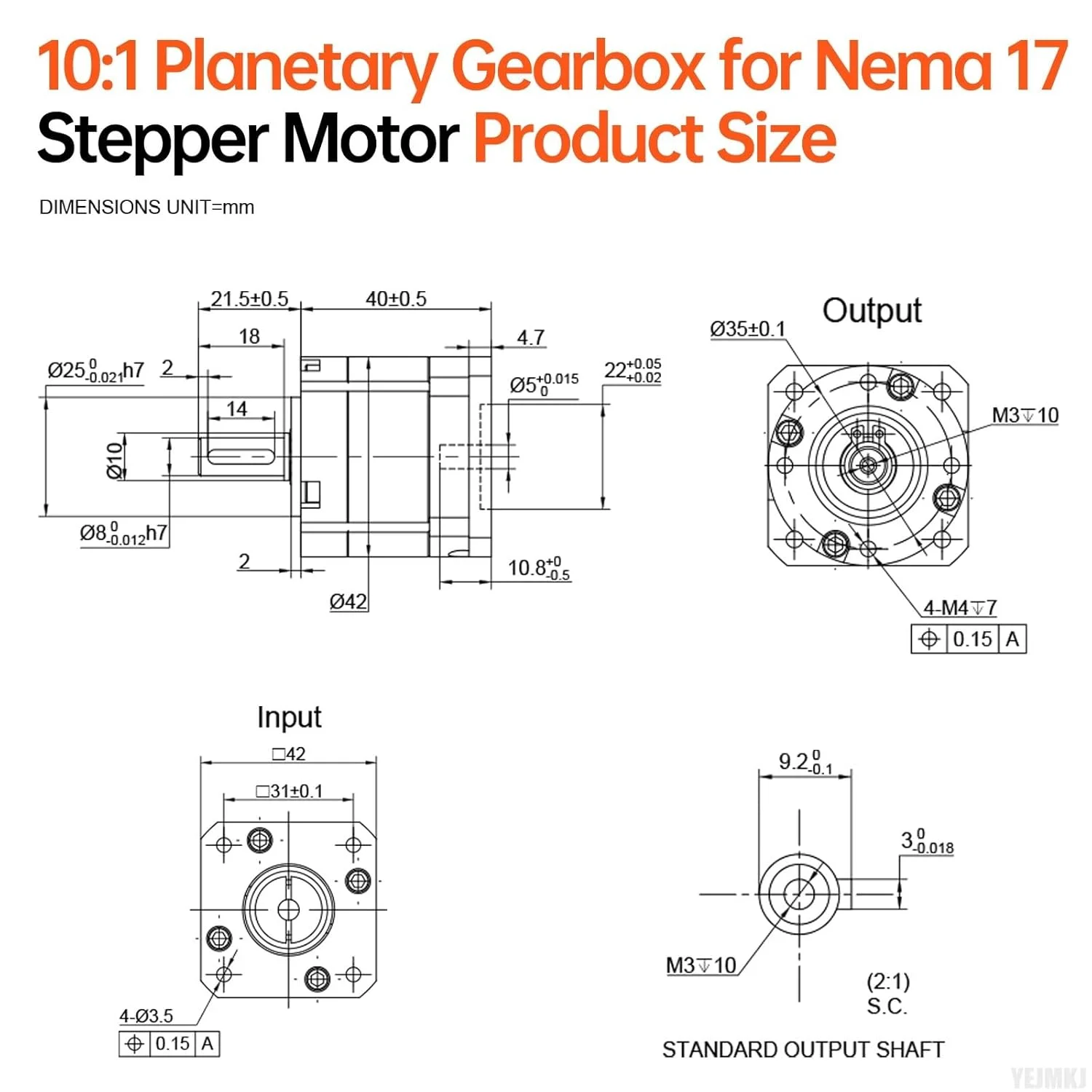 گیربکس سیاره ای با نسبت 10:1 برای موتور پله ای Nema 17، 42-40 میلی متر، لقی 15 دقیقه قوسی، شفت ورودی 10.8 میلی متر φ5 میلی متر، کاهنده سیاره ای برای موتور پله ای 86 به همراه 4 پیچ، 2 دوشاخه، 1 کلید، CNC، پرینتر سه بعدی، تراش