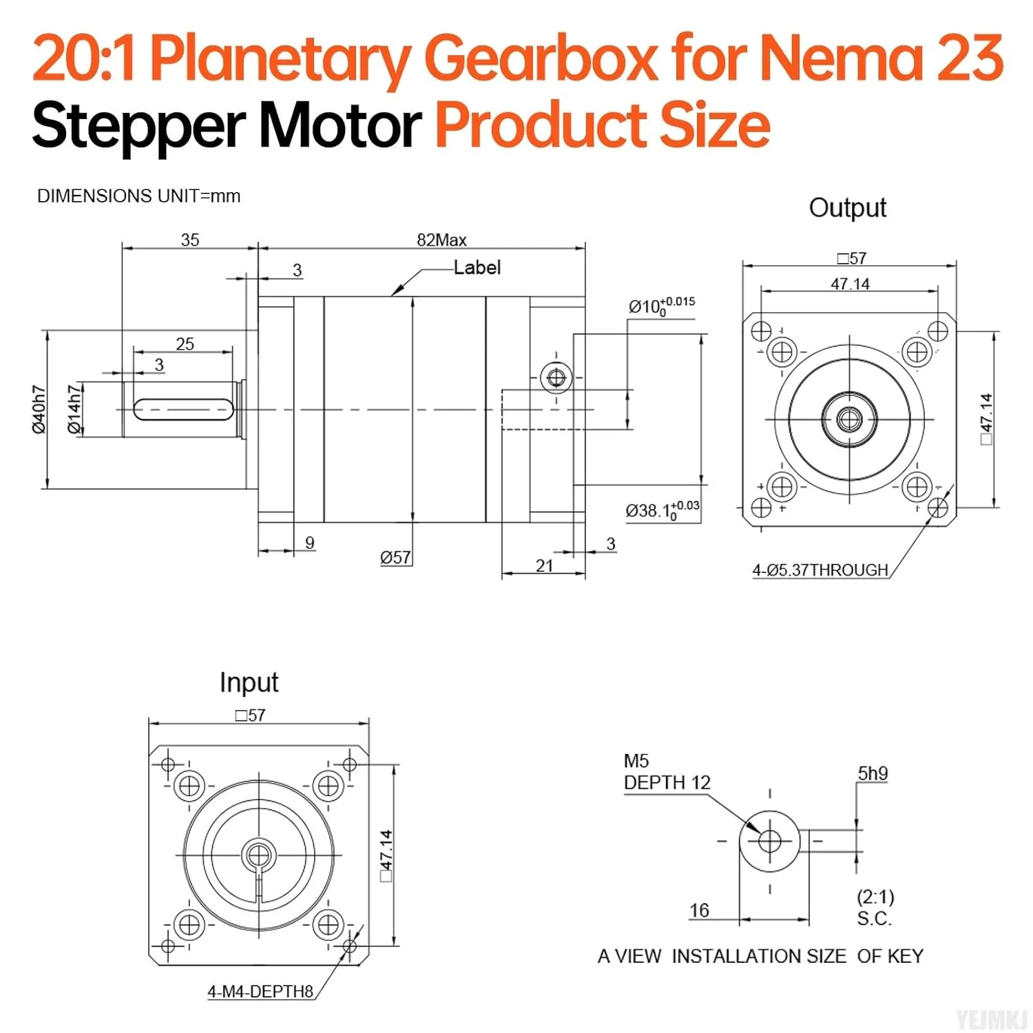 گیربکس سیاره ای با نسبت 20:1 برای موتور پله ای Nema 23، اندازه 57-83 میلی متر، لقی 20 دقیقه قوس، شفت ورودی 21 میلی متر φ10 میلی متر، کاهنده سیاره ای برای موتور پله ای 57 شامل 4 پیچ، 2 دوشاخه، 1 کلید CNC پرینتر سه بعدی تراش