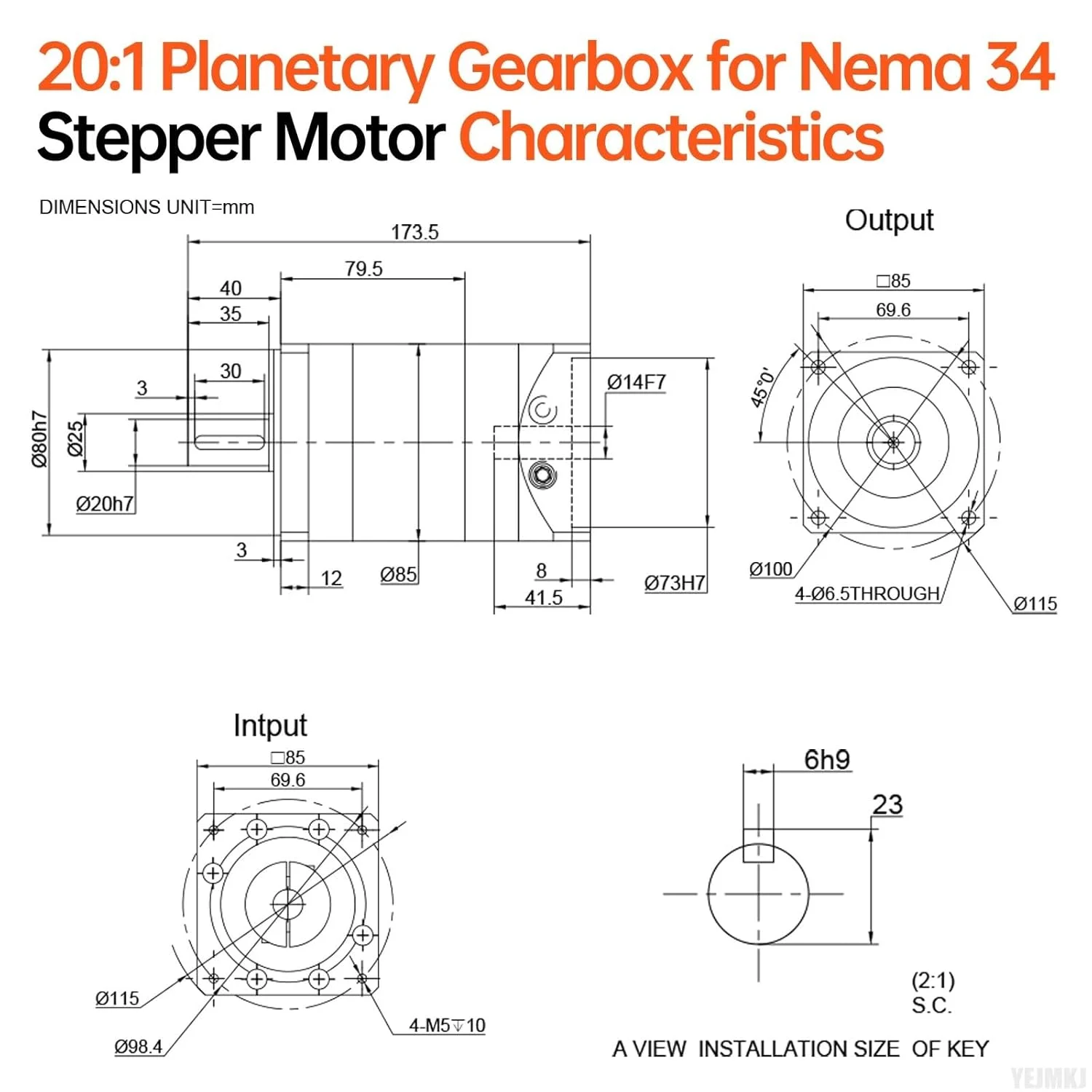 گیربکس سیاره ای با نسبت 20:1 برای استپ موتور Nema 34، اندازه 85-134 میلی متر، لقی 20 آرک دقیقه، شفت ورودی 41.5 میلی متر φ14 میلی متر، کاهنده سیاره ای برای استپ موتور 86 به همراه 4 پیچ، 2 دوشاخه، 1 کلید، مناسب برای CNC، پرینتر سه بعدی و تراش
