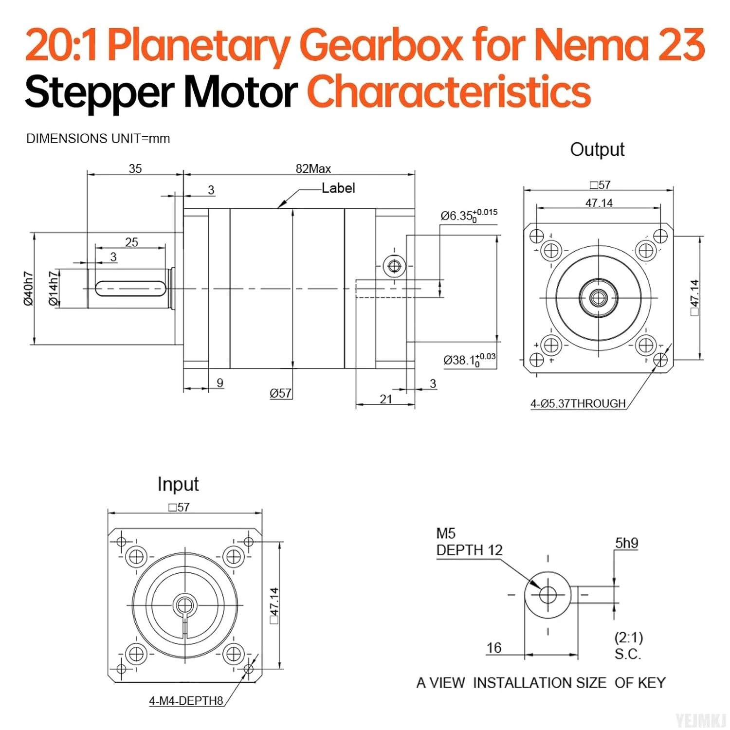 گیربکس سیاره ای با نسبت 20:1 برای موتور پله ای Nema 23، اندازه 57-83 میلی متر، لقی 15 دقیقه قوس، شفت ورودی 21 میلی متر φ6.35 میلی متر، کاهنده سیاره ای برای موتور پله ای 57، شامل 4 پیچ، 2 دوشاخه، 1 کلید، مناسب برای CNC، پرینتر سه بعدی و تراش