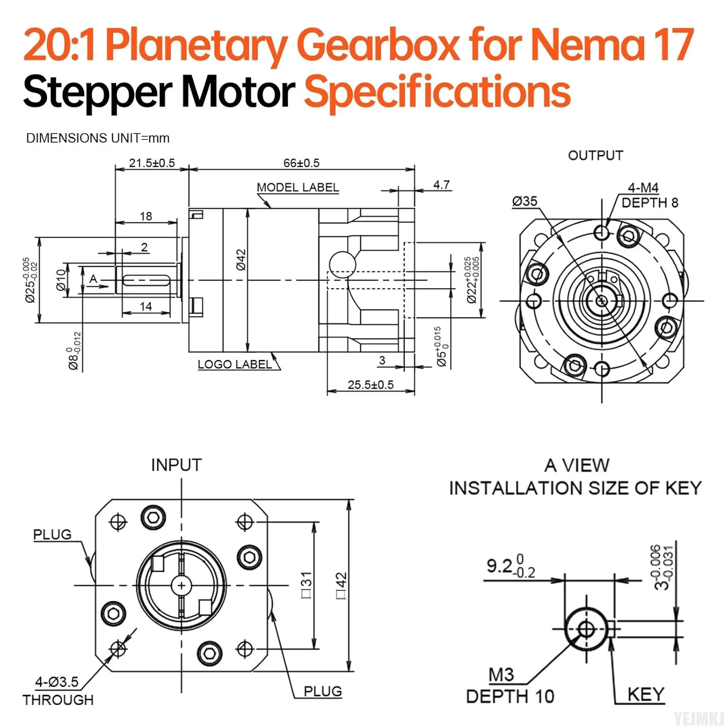 گیربکس سیاره ای با نسبت 20:1 برای موتور پله ای Nema 17، اندازه 42-66 میلی متر، لقی 20 دقیقه قوس، شفت ورودی 25.5 میلی متر φ5 میلی متر، کاهنده سیاره ای برای موتور پله ای 42 به همراه 4 پیچ، 2 دوشاخه، 1 کلید، مناسب برای CNC، پرینتر سه بعدی و پروژه های DIY