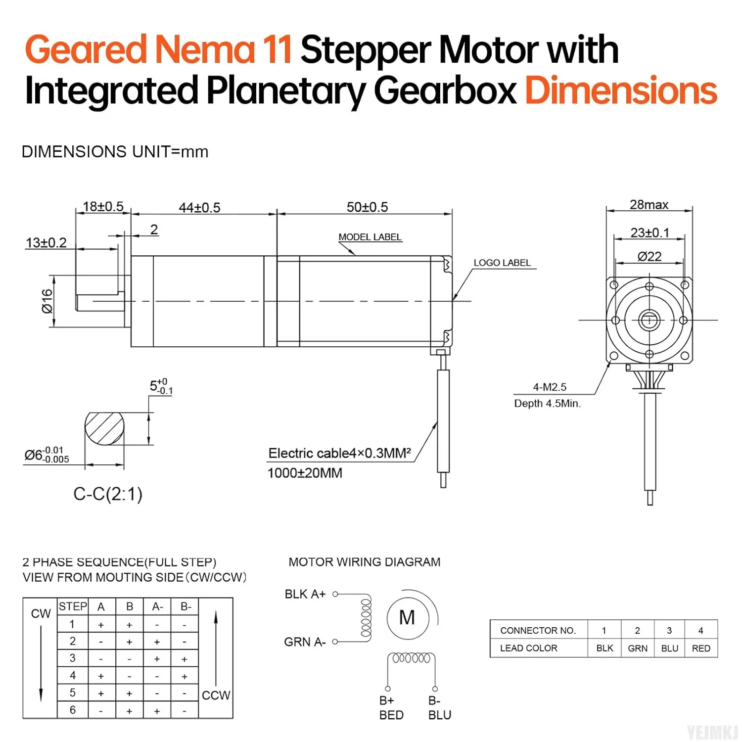 موتور پله ای Nema 11 با گیربکس سیاره ای یکپارچه با نسبت 100:1، 2 فاز، 1.8 درجه، 11Ncm (15.58oz·in)، گشتاور بالا، دوقطبی 7Ω، 1.0A، 94mm، شفت 4 سیمه 18mm φ6mm، کابل 1 متری، مناسب برای پرینتر سه بعدی DIY CNC