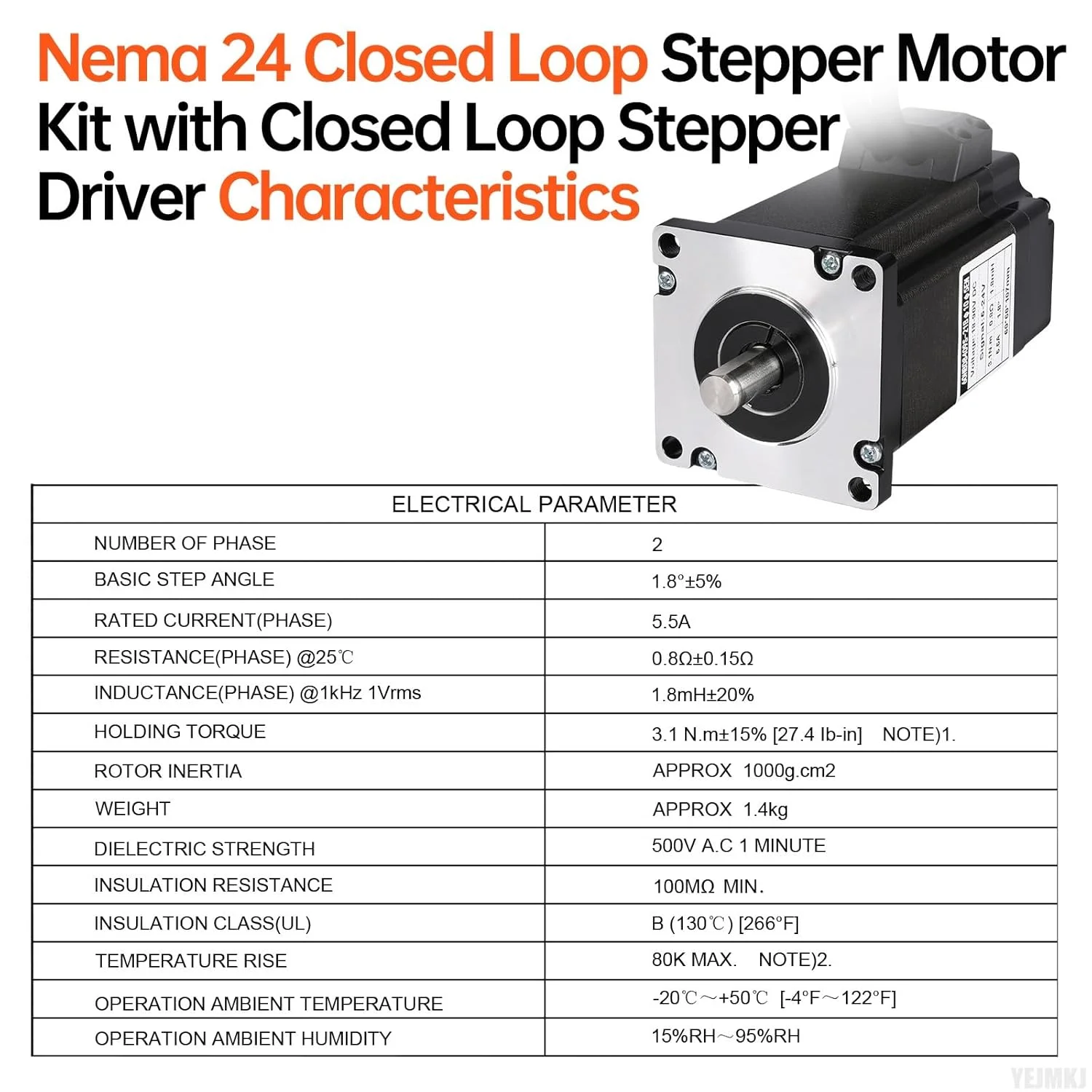 کیت موتور پله‌ای حلقه بسته Nema 24 به همراه درایور موتور پله‌ای حلقه بسته، 2 فاز، 1.8 درجه، گشتاور بالا 3.1 نیوتن‌متر، دو قطبی 5.5 آمپر 0.8 اهم 87 میلی‌متر کابل 3 متری برای CNC، روتر، پرینتر سه بعدی، ربات DIY