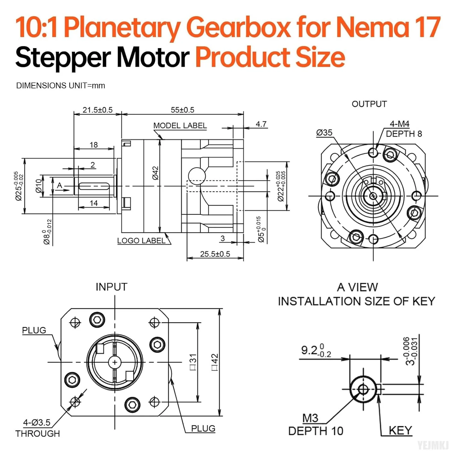 گیربکس سیاره ای با نسبت 10:1 برای موتور پله ای Nema 17، اندازه 42-55 میلی متر، لقی 15 دقیقه قوس، شفت ورودی 25.5 میلی متر φ5 میلی متر، کاهنده سیاره ای برای موتور پله ای 42، شامل 4 پیچ، 2 دوشاخه، 1 کلید، مناسب برای CNC، پرینتر سه بعدی و پروژه های DIY