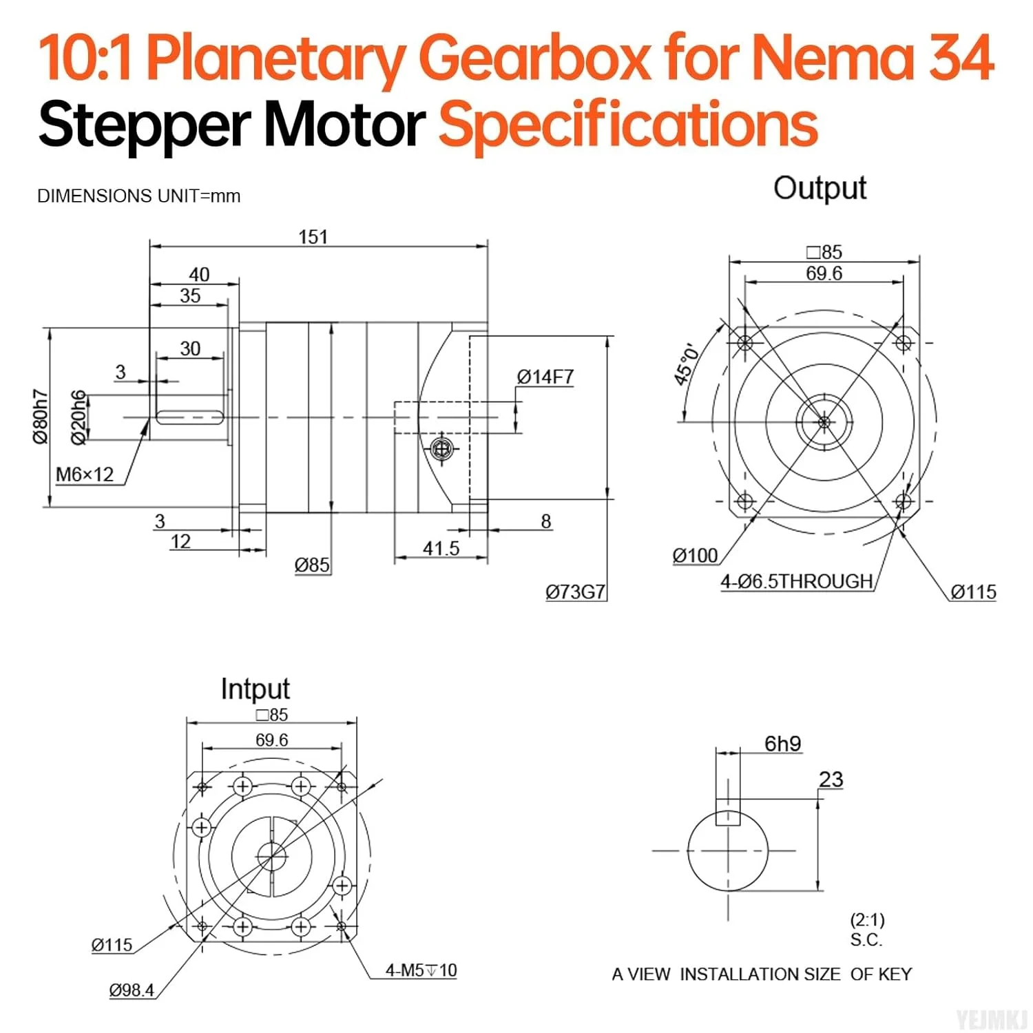 گیربکس سیاره ای با نسبت 10:1 برای موتور پله ای Nema 34، اندازه 85-111 میلی متر، لقی 10 دقیقه قوس، شفت ورودی 41.5 میلی متر φ14 میلی متر، کاهنده سیاره ای برای موتور پله ای 86 به همراه 4 پیچ، 2 دوشاخه، 1 کلید، مناسب برای CNC، پرینتر سه بعدی و تراش