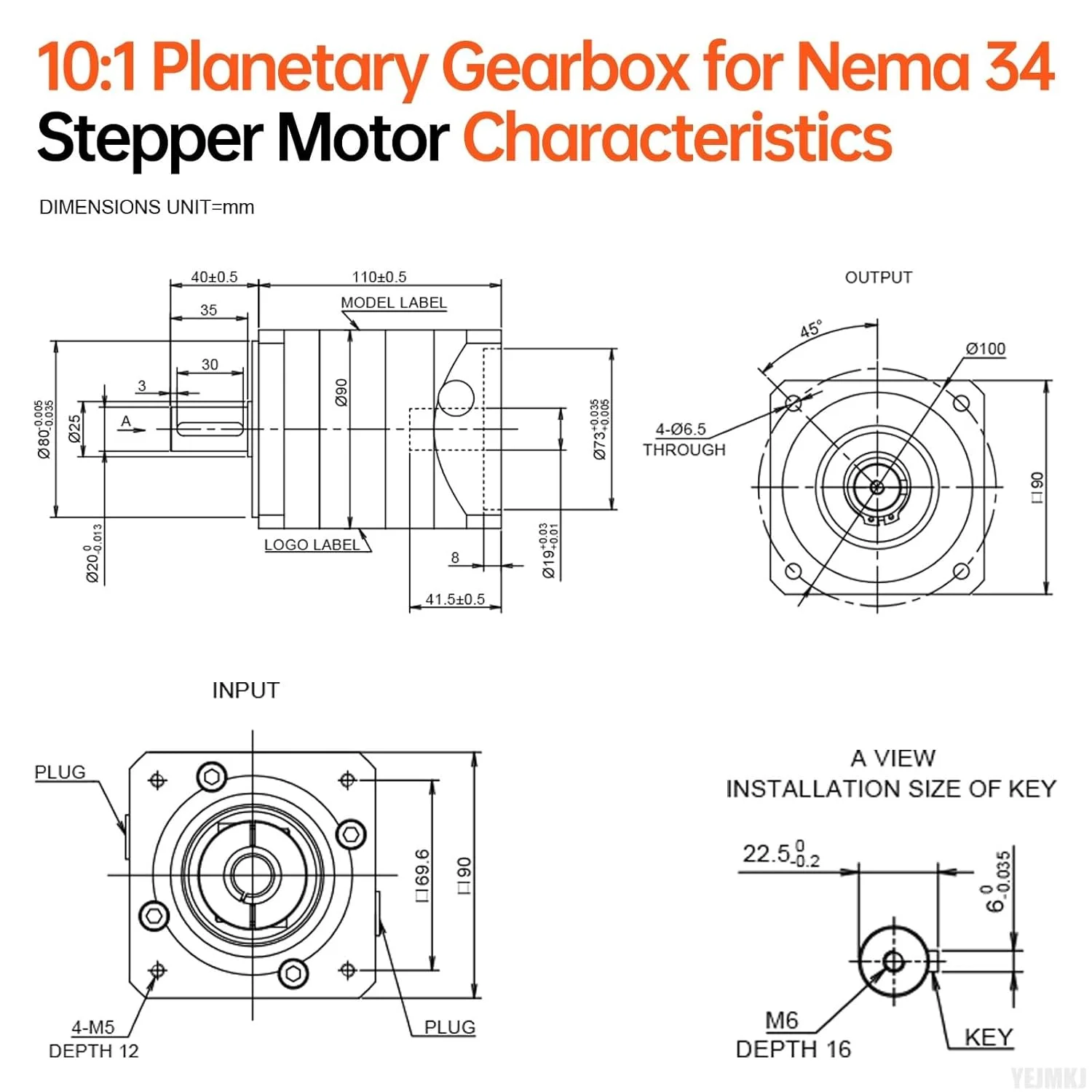 گیربکس سیاره ای با نسبت 10:1 برای موتور پله ای Nema 34، 90-110 میلی متر، لقی 10 دقیقه قوس، شفت ورودی 41.5 میلی متر φ19 میلی متر، کاهنده سیاره ای برای موتور پله ای 86 به همراه 4 پیچ، 2 دوشاخه، 1 کلید CNC پرینتر سه بعدی تراش