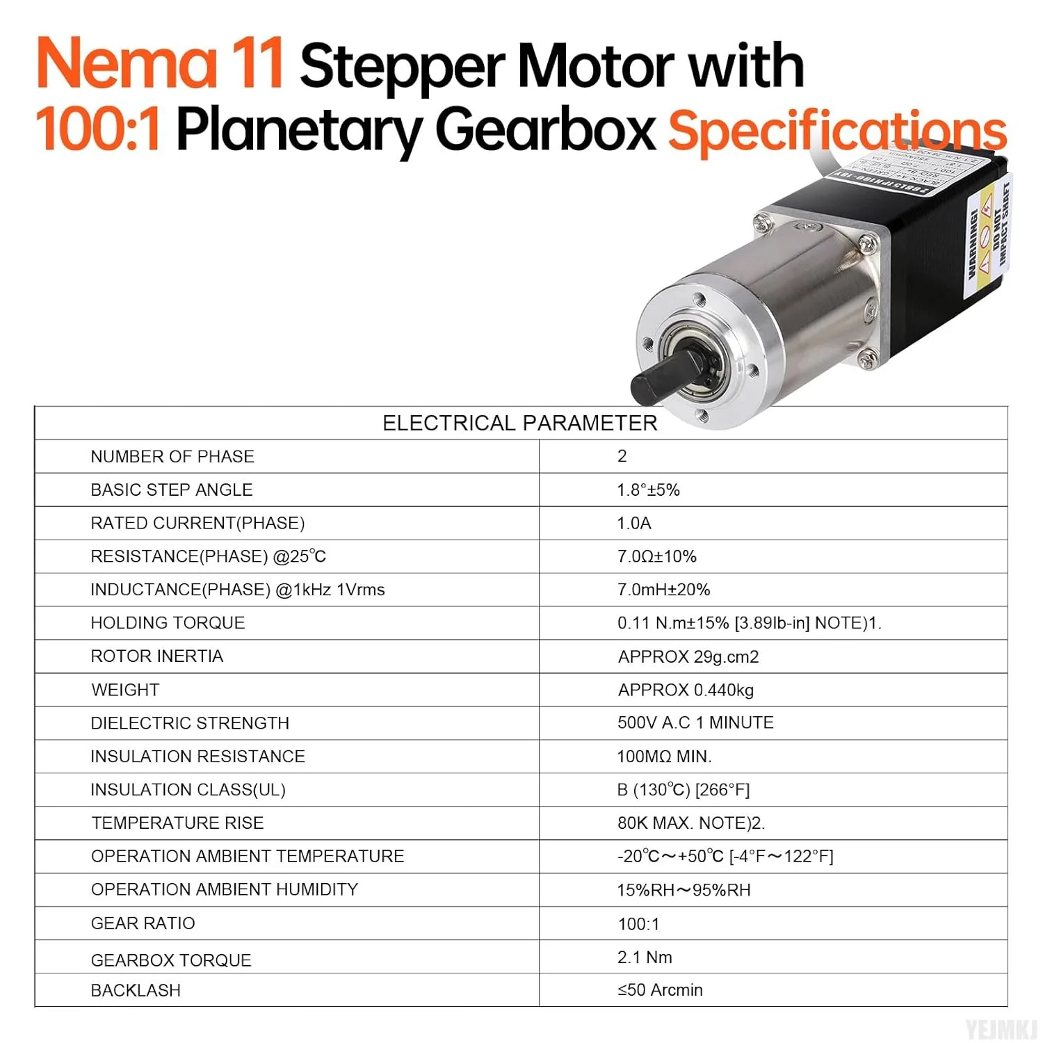 موتور پله ای Nema 11 با گیربکس سیاره ای یکپارچه با نسبت 100:1، 2 فاز، 1.8 درجه، 11Ncm (15.58oz·in)، گشتاور بالا، دوقطبی 7Ω، 1.0A، 94mm، شفت 4 سیمه 18mm φ6mm، کابل 1 متری، مناسب برای پرینتر سه بعدی DIY CNC