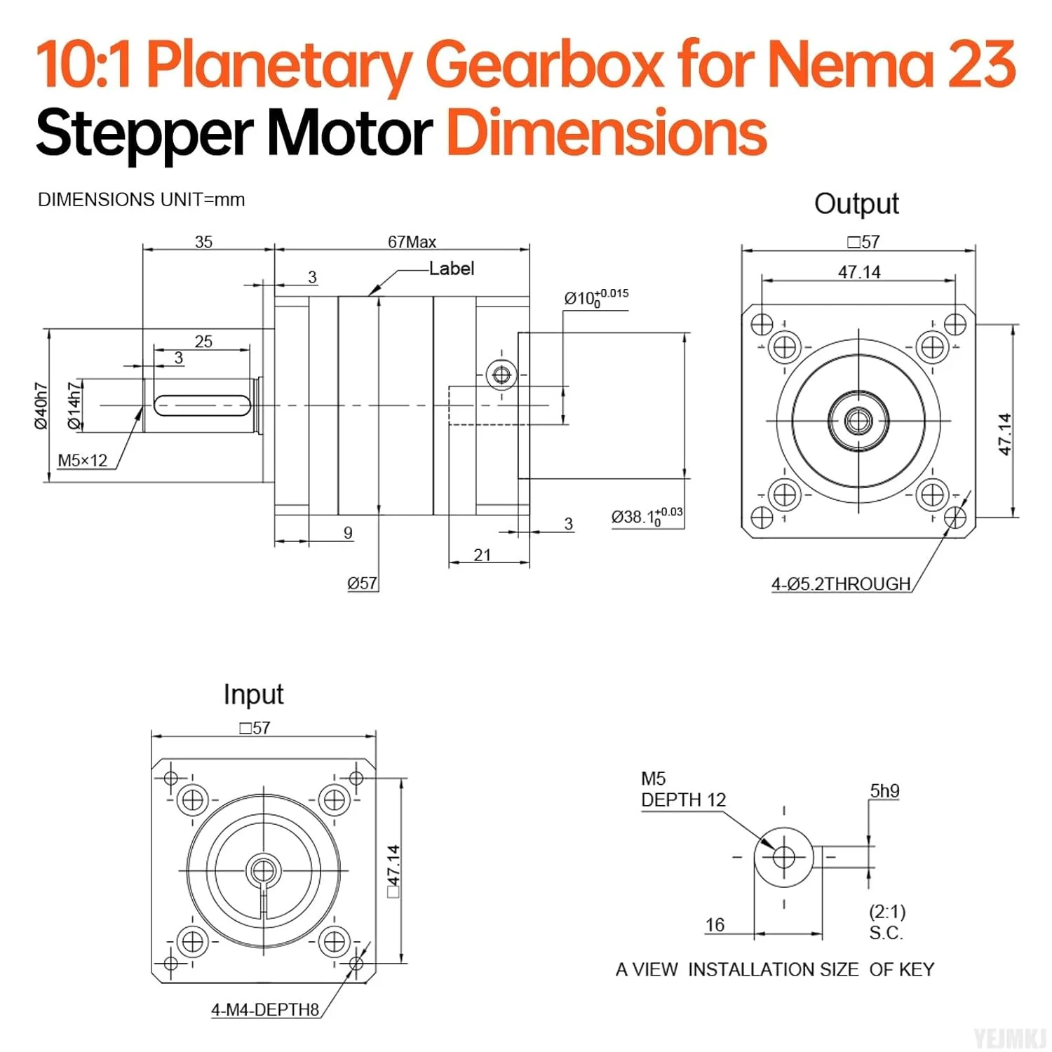 گیربکس سیاره ای با نسبت 10:1 برای موتور پله ای Nema 23، اندازه 57-67 میلی متر، لقی 20 دقیقه قوس، شفت ورودی 21 میلی متر φ10 میلی متر، کاهنده سیاره ای برای موتور پله ای 57 به همراه 4 پیچ، 2 دوشاخه، 1 کلید، مناسب برای CNC، پرینتر سه بعدی و تراش