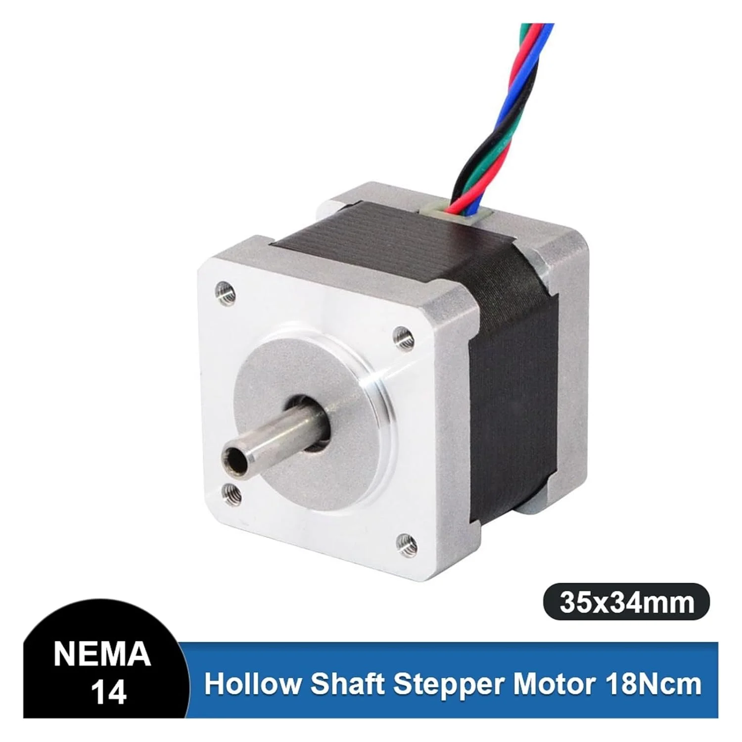 موتور پله‌ای Nema 14 با شفت توخالی 34 میلی‌متری، 1.8 درجه، 18Ncm (25.5oz.in)، 0.8 آمپر، 4 سیمه برای CNC و پرینتر سه بعدی