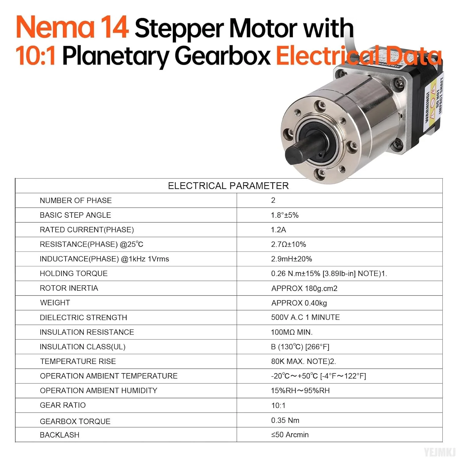 موتور پله‌ای Nema 14 با گیربکس سیاره‌ای یکپارچه با نسبت 10:1، 1.8 درجه، 2 فاز، گشتاور بالا 0.26 نیوتن‌متر (36.82 اونس·اینچ)، دو قطبی 1.2 آمپر، 2.7 اهم، 73 میلی‌متر، 4 سیم، شفت 20 میلی‌متر φ8 میلی‌متر، کابل 1 متری، مناسب برای پرینتر سه بعدی، DIY و CNC